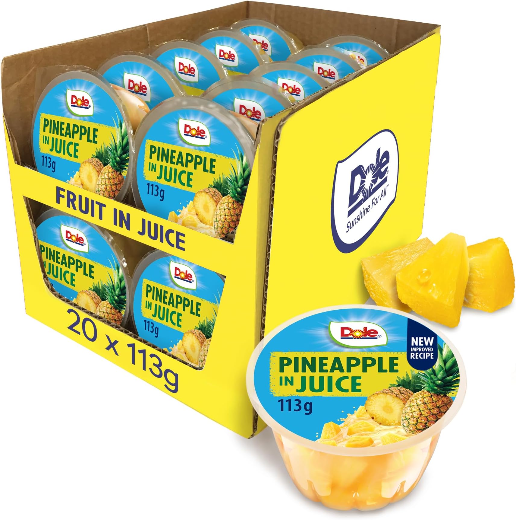 Dole Pineapple in Juice Fruit Pots 20 x 113g, Fresh Fruit Chunks, Healthy Snack, No Added Sugar Fruit Bowls, Perfect for Breakfast & Dessert or Adding to Recipes, Made with Real Pineapple