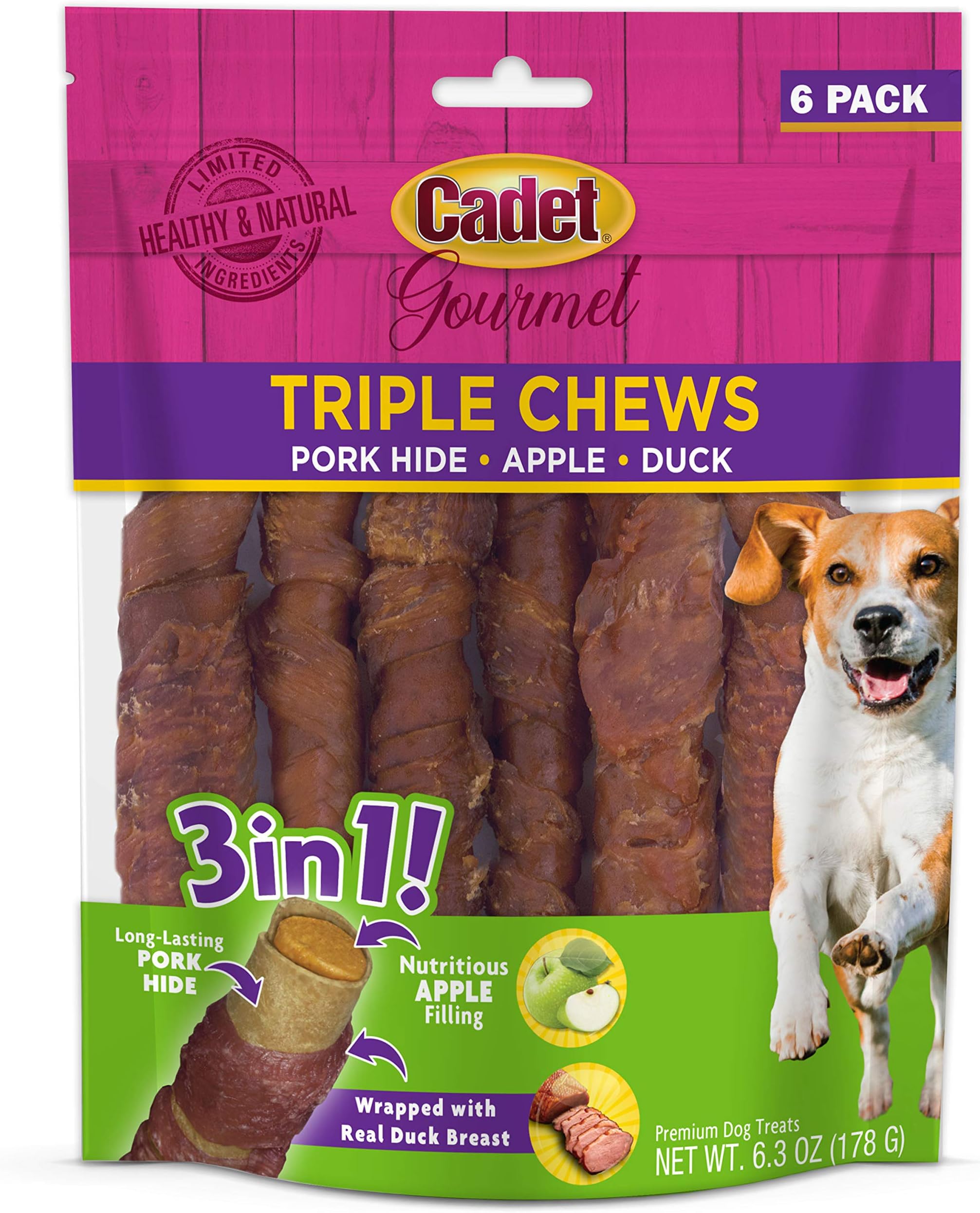 Cadet Gourmet Triple Chews Long-Lasting Pork Hide Sticks with Apple and Duck, Healthy Dog Treats for Small & Large Dogs, 6 Count
