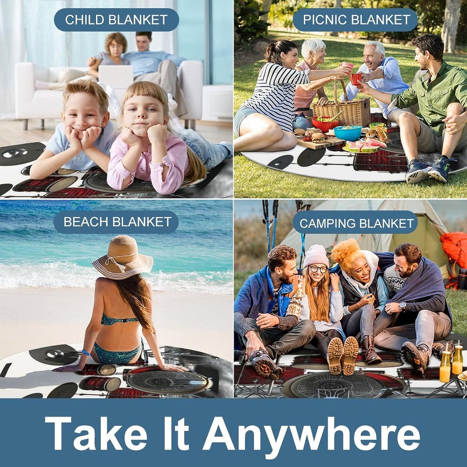 Cool Drum Set Round Outdoor Picnic Mat Foldable Waterproof Beach Camping Blanket Outdoor Rug with Sponge Padding