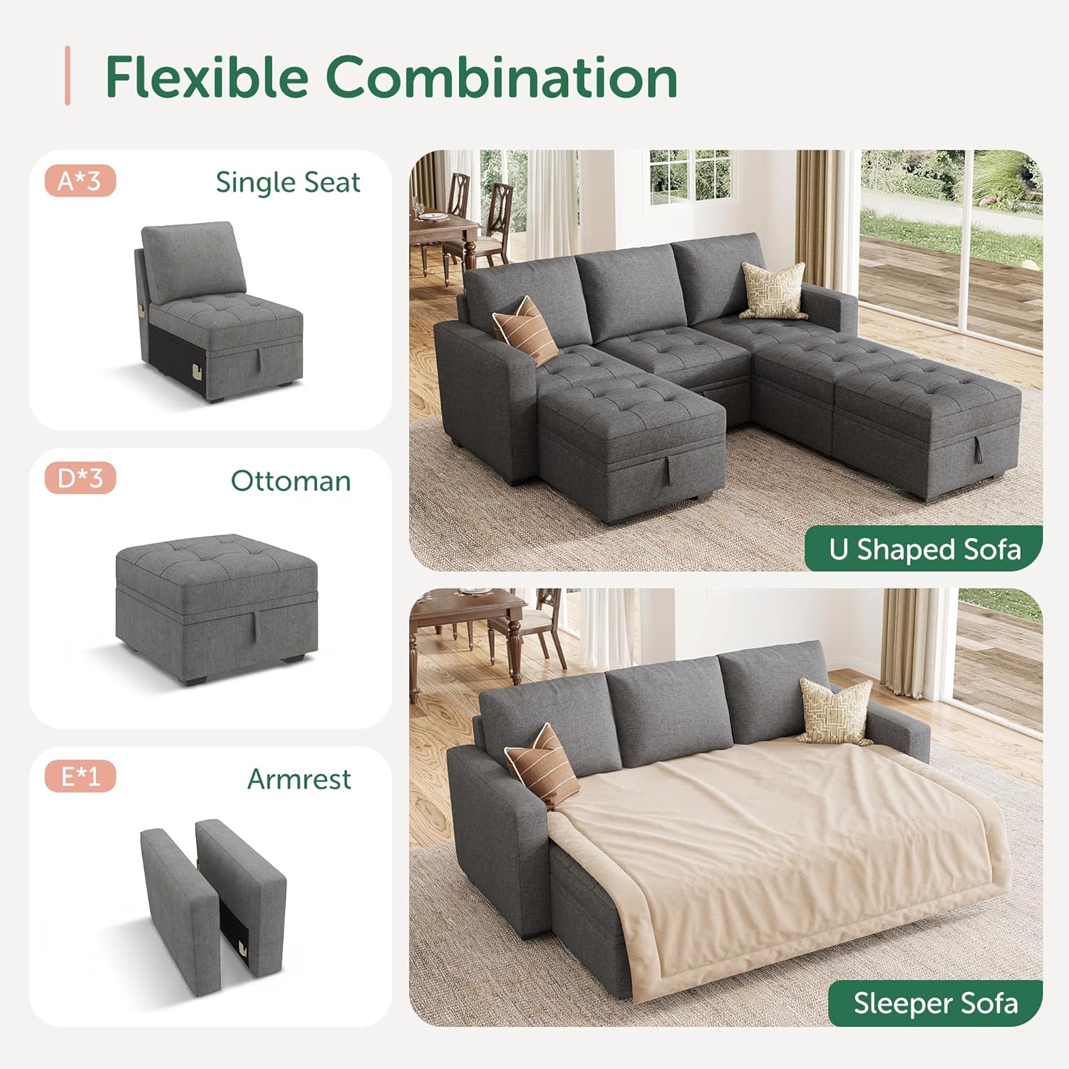 HONBAY Modular Sectional Sleeper Sofa, Sleeper Couch with Storage Seats Oversized Sectional Couches for Living Room,Grey