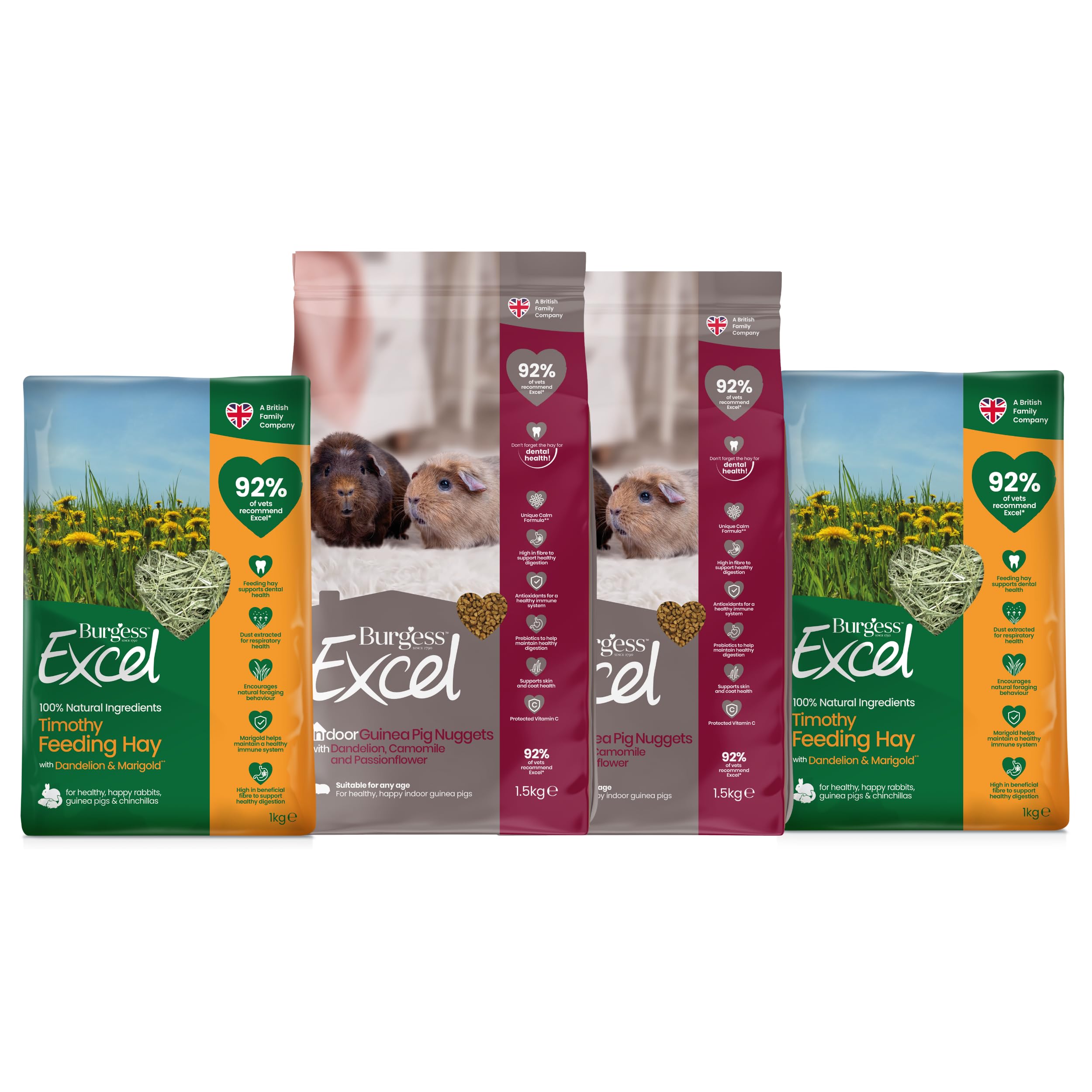 Burgess Excel 3KG Indoor Guinea Pig Food & 2KG Feeding Hay Value Bundle – Guinea Pig Nuggets & Dandelion & Marigold Feeding Hay for Indoor Guinea Pigs – Dust Extracted Timothy Hay