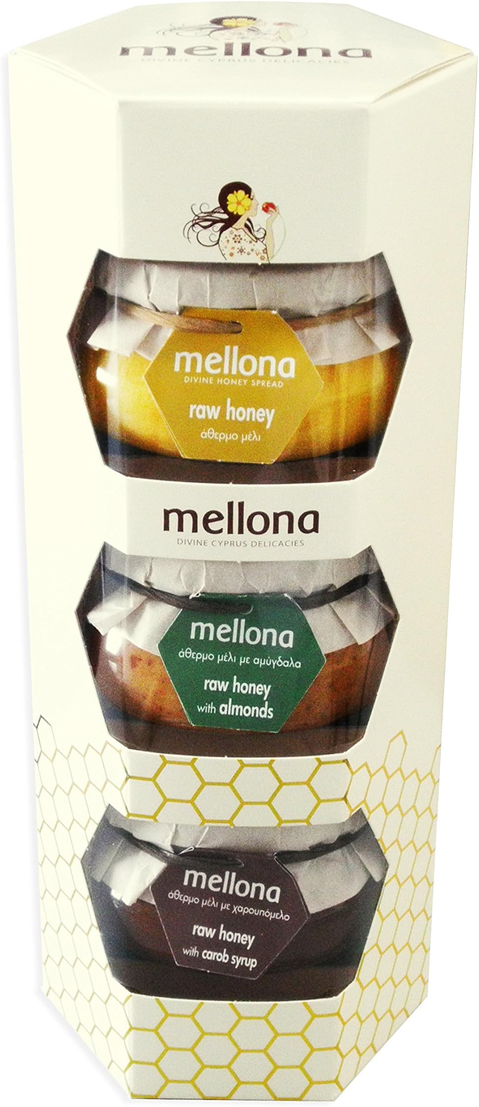 Mellona Raw and Unique Original 250 g/Almond 230 g and Carob 250 g Unprocessed Natural Honey Gift Set from Cyprus