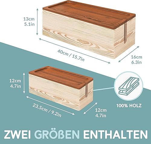 Miniatura 7 de NATURE SUPPLIES Juego de dos cajas de gestión de cables de madera natural, organizador de cables grande y mediano para ocultar cables y tiras de