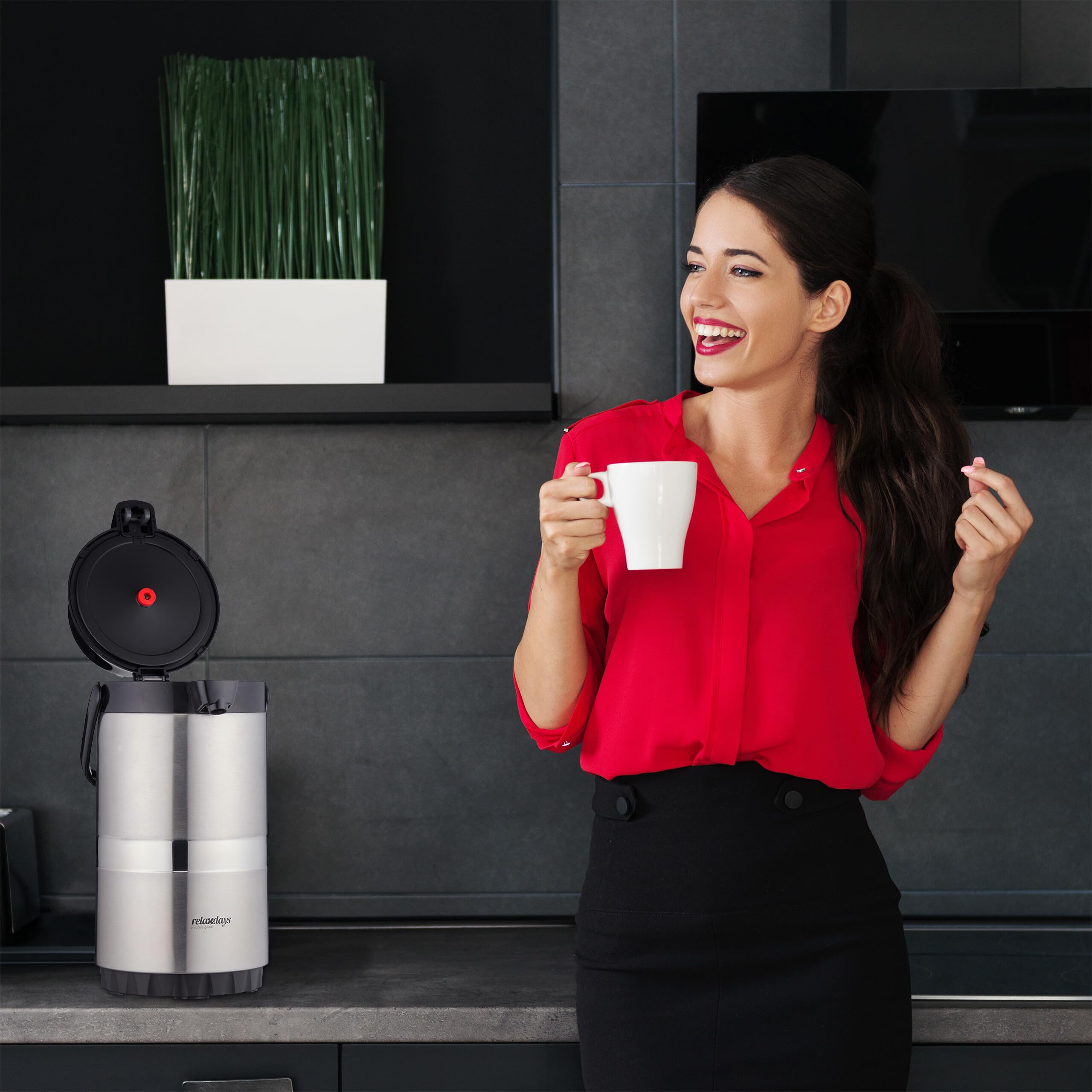 Relaxdays Termo para Café con Dispensador de 2,2 L, Tapa con Bomba y Pulsador, Oficina, Gastronomía, Plateado y Negro