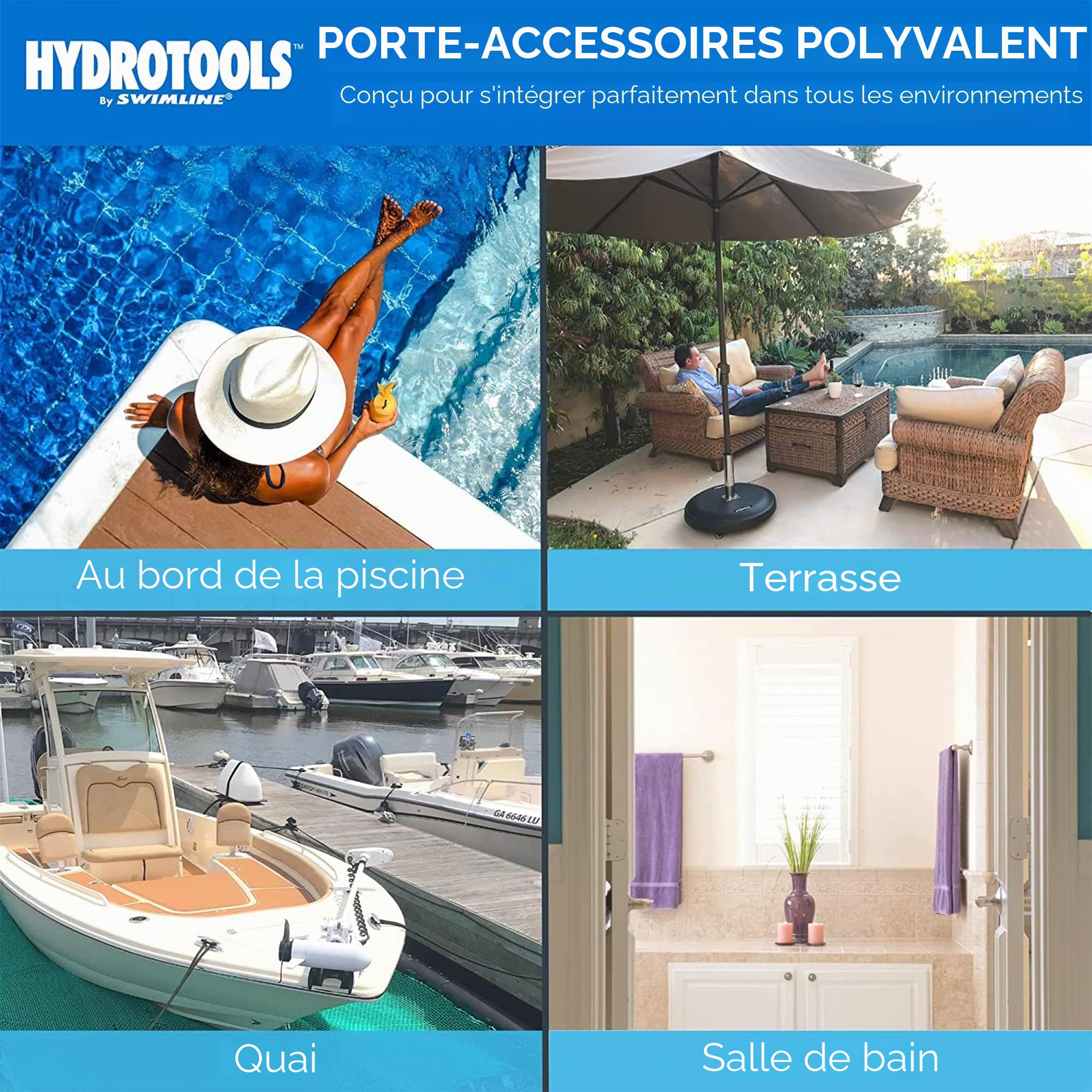 Swimline HYDROTOOLS 89033 Porte-Serviettes réglable de qualité supérieure avec Base lestée à l'eau, Trois Bras Clips sécurisés pour extérieur et intérieur, Piscine, terrasse, Piscine