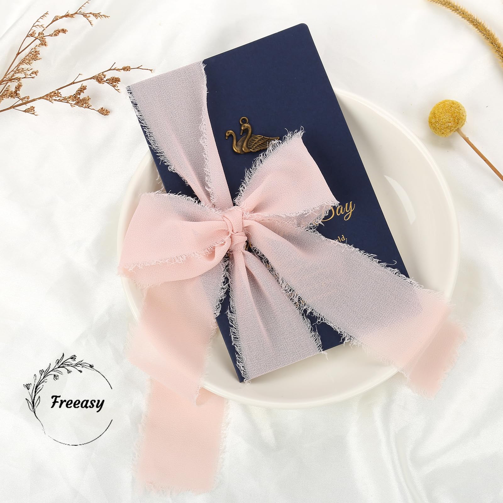 Nude Pink Chiffon Ribbon 3 Rolls 1.5 inch X 5 Yard Light Pink Handmade Fringe Silk Ribbon Set for Gift Wrapping Wedding Invitations - Image 3