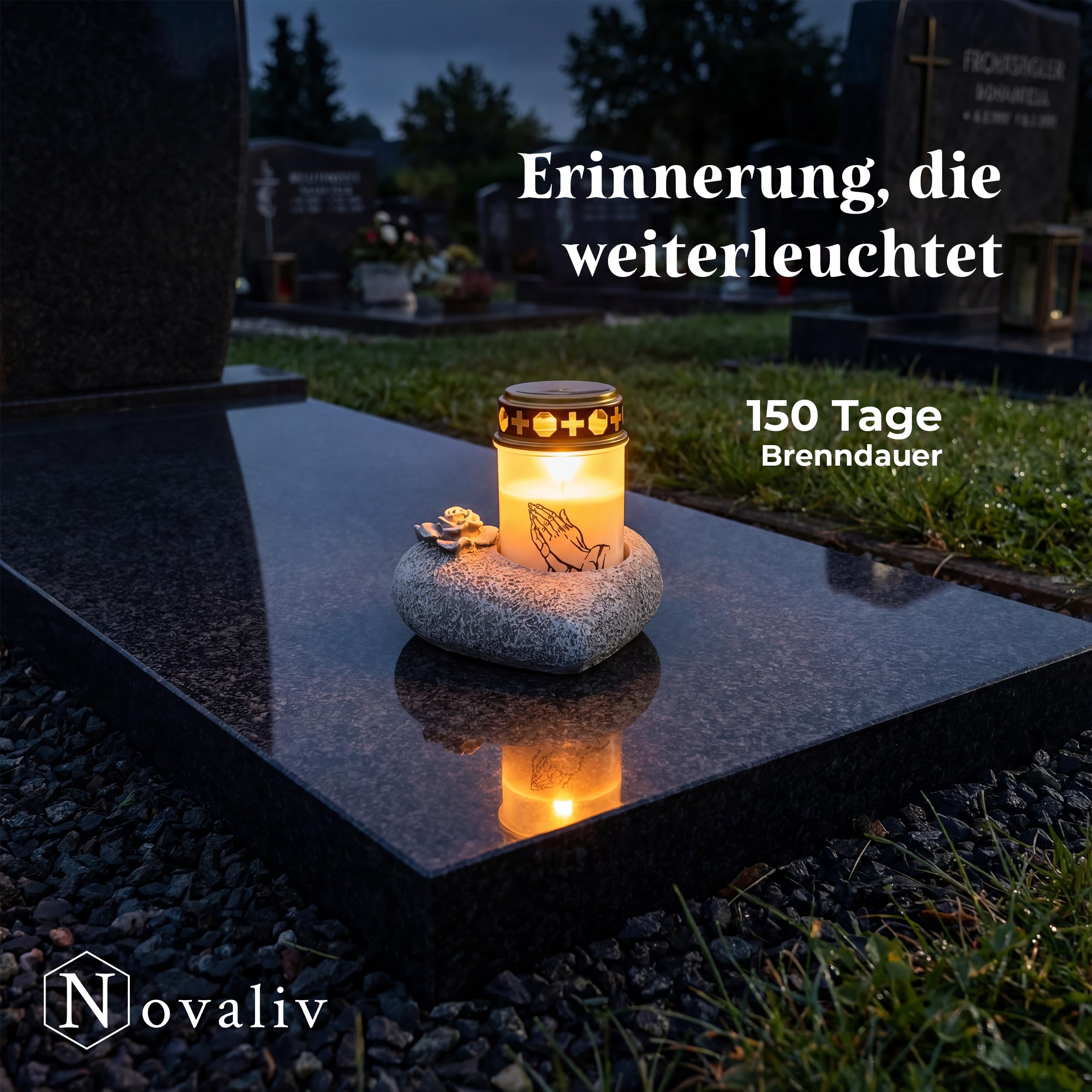 Novaliv, decorazione per tomba a forma di cuore e rosa, in grigio, pietra commemorativa e portacandele per lumini