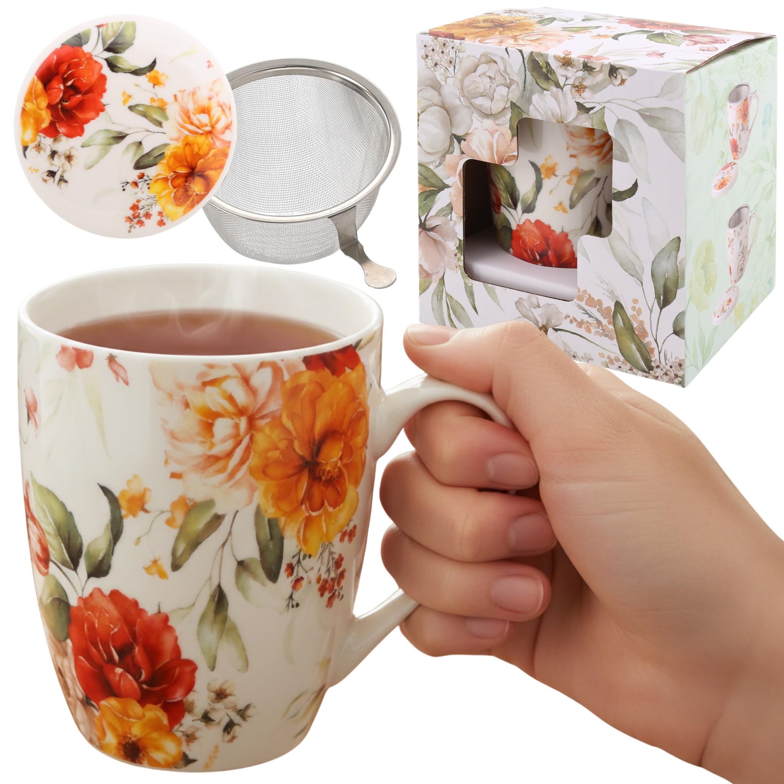 Zestaw do herbaty: Porcelanowy kubek z zaparzaczem i pokrywką do ziół - zapakowany w pudełku na prezent 340 ml (I)