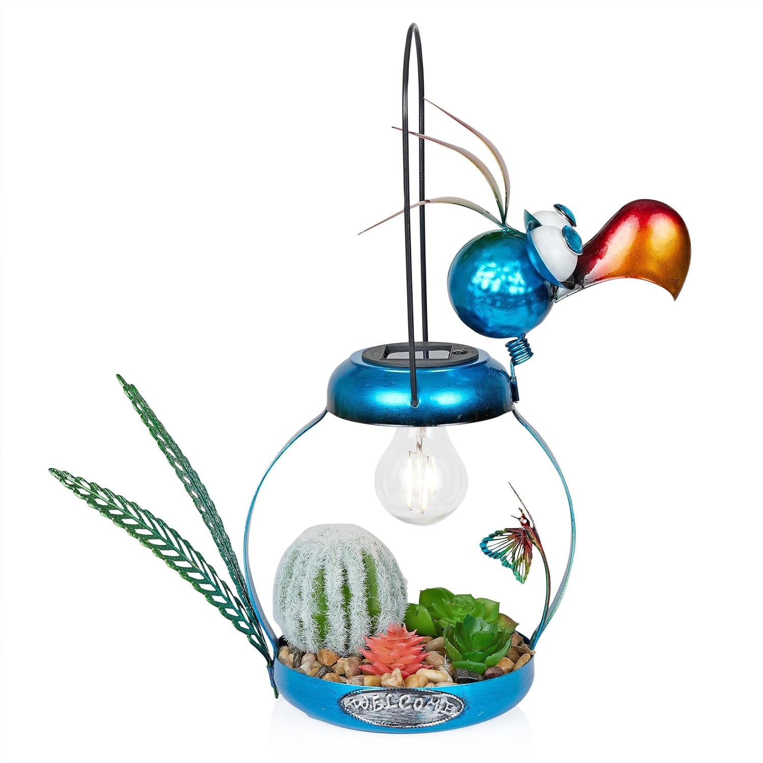 Alpine Corporation 16" H Outdoor Solar-Powered Metal Flamingo Yard Statue, with Enclosed LED Lights, Garden Decor for Patio, Lawn or Porch, Blue