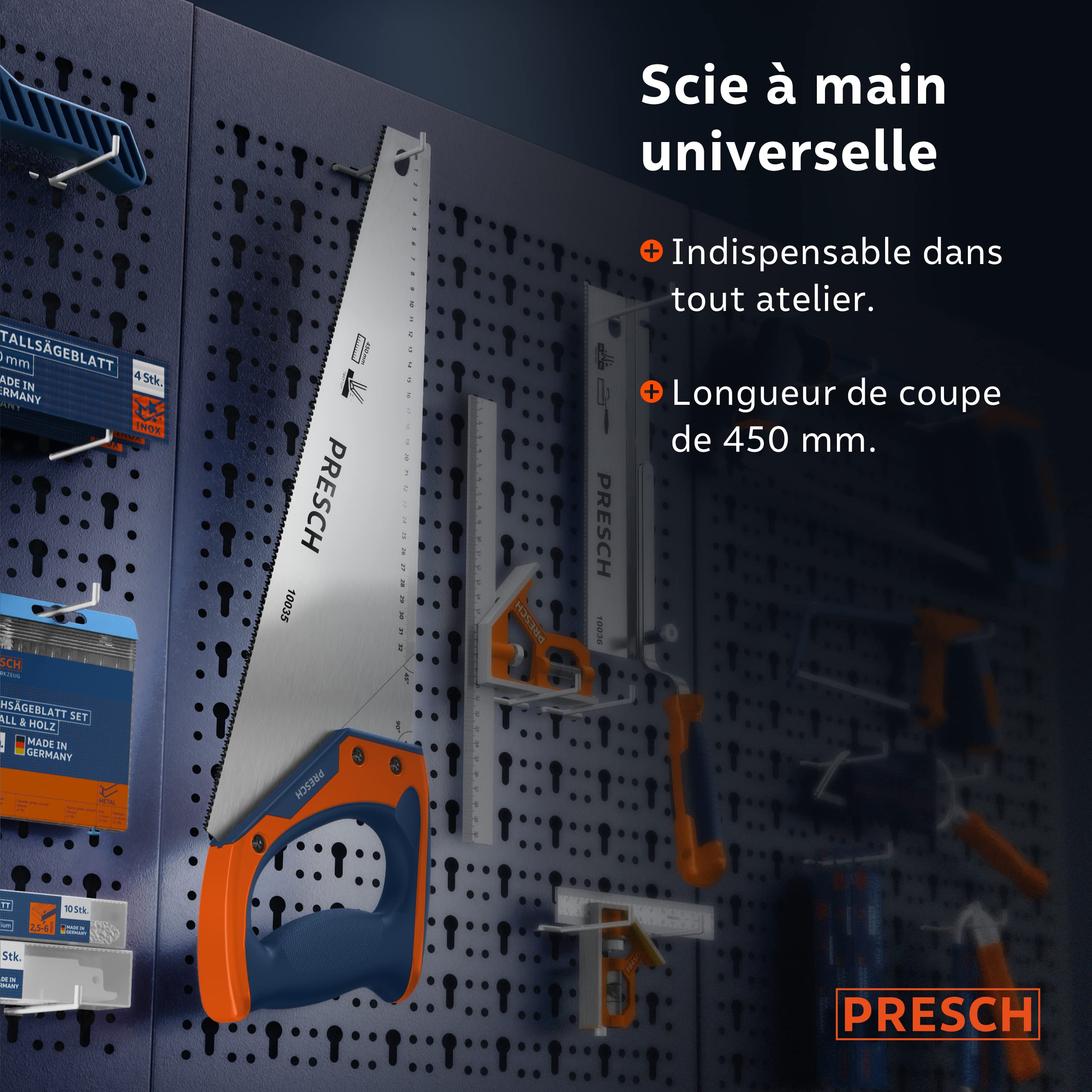 Presch Scie égoïne à main 450 mm - Scie à bois avec traçages à 45° et 90° - Scie à main professionnelle pour couper bois, pvc et sols stratifiés - Hand Saw