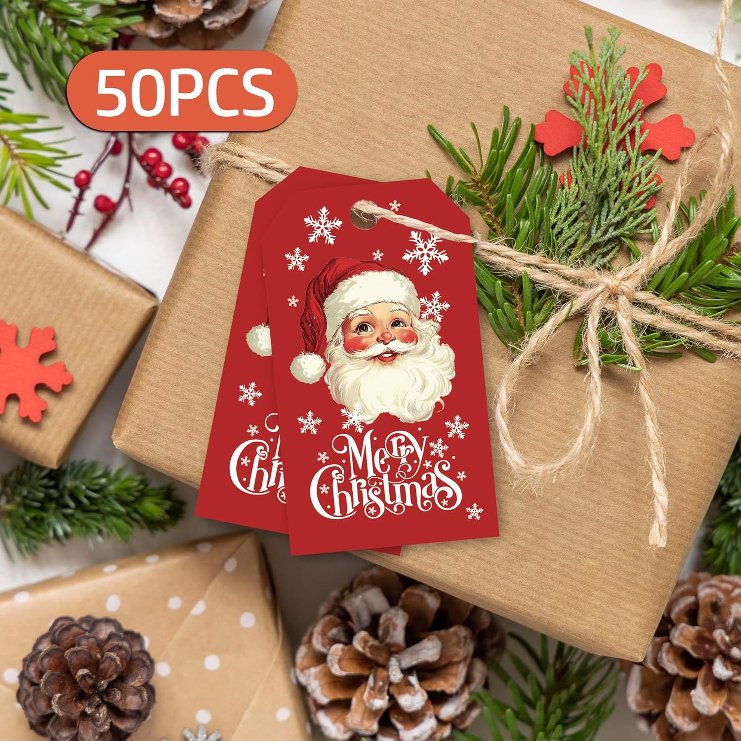 Christmas Tags with String, Red Santa Merry Christmas Tags, 2 x 3.5 Inch Writable Hanging Labels, Celebrating Party Supplies for Gift Wrapping, Xmas Tree, DIY Craft, Home Decor(50Pcs)-B24 - Image 4