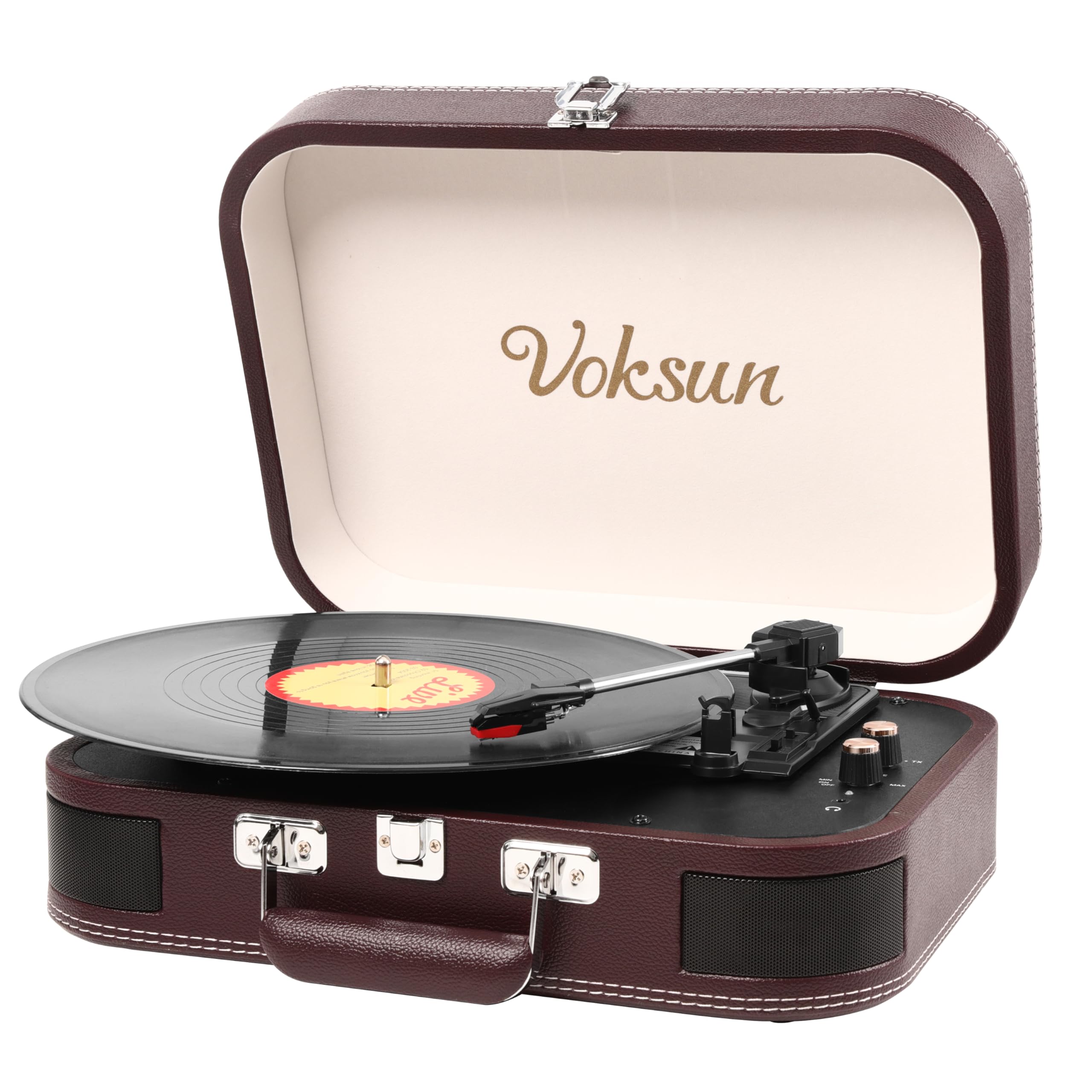 Giradischi Vinile, VOKSUN Giradischi Portatile Vintage con Altoparlanti Incorporati, Bluetooth In/Out Lettore LP Vinile con 3 Velocità, Valigia USB, In AUX, Linea RCA, Jack Cuffie, Auto-Stop (Rosso)