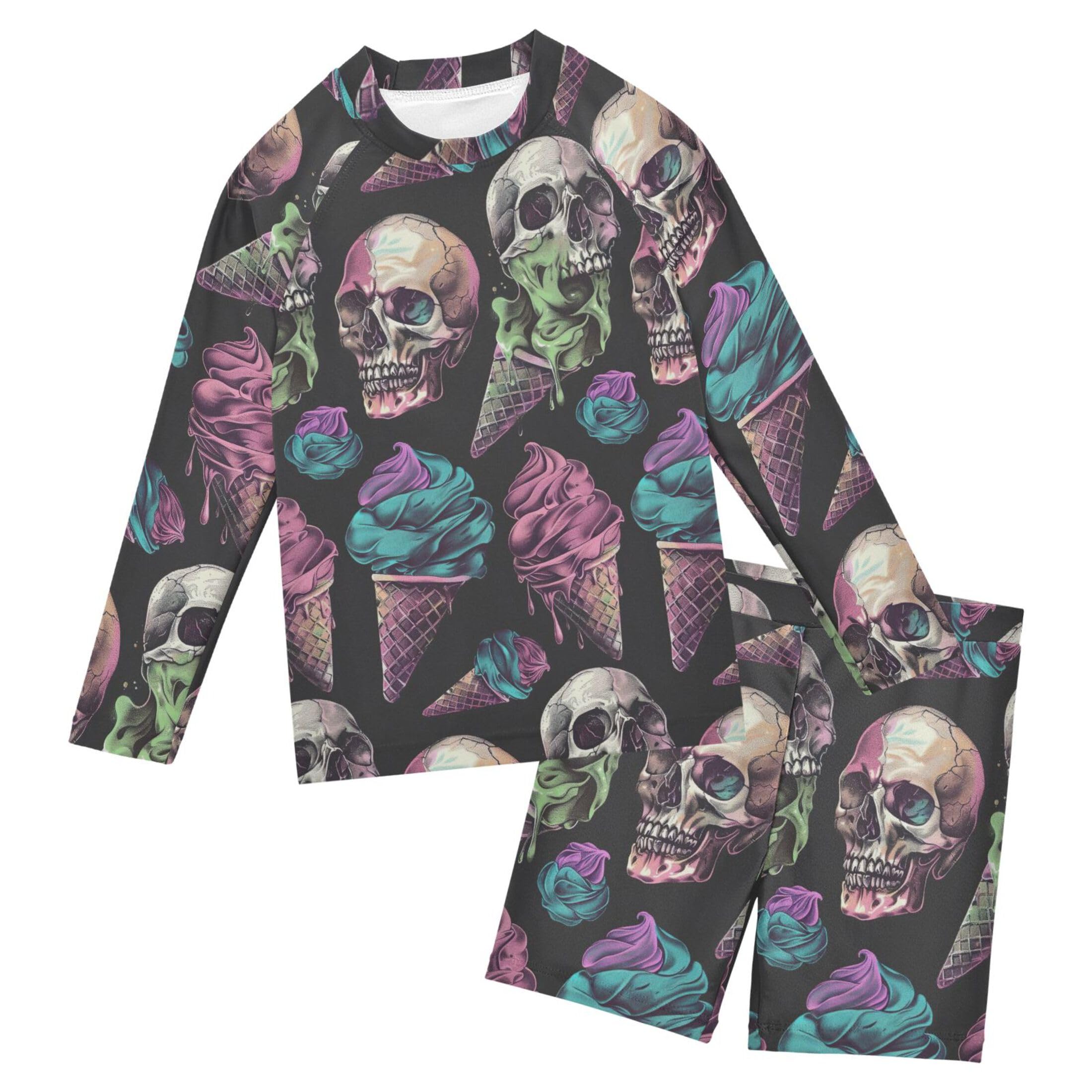 Sugar Skull Skeleton Gothic Ice Cream Baby Boys' Toddler Long Sleeved Rashguard Swim Bathing Suit Set B0403442