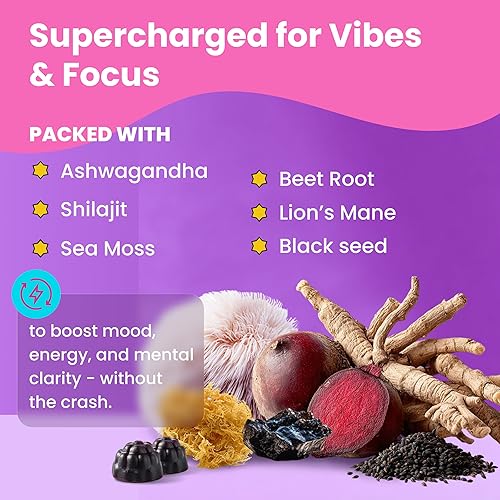 Miniatura 2 de Gomitas Ashwagandha  Shilajit, musgo marino, melena de león y semilla negra  Suplemento adaptógeno vegano, certificado Halal para estado de ánimo,