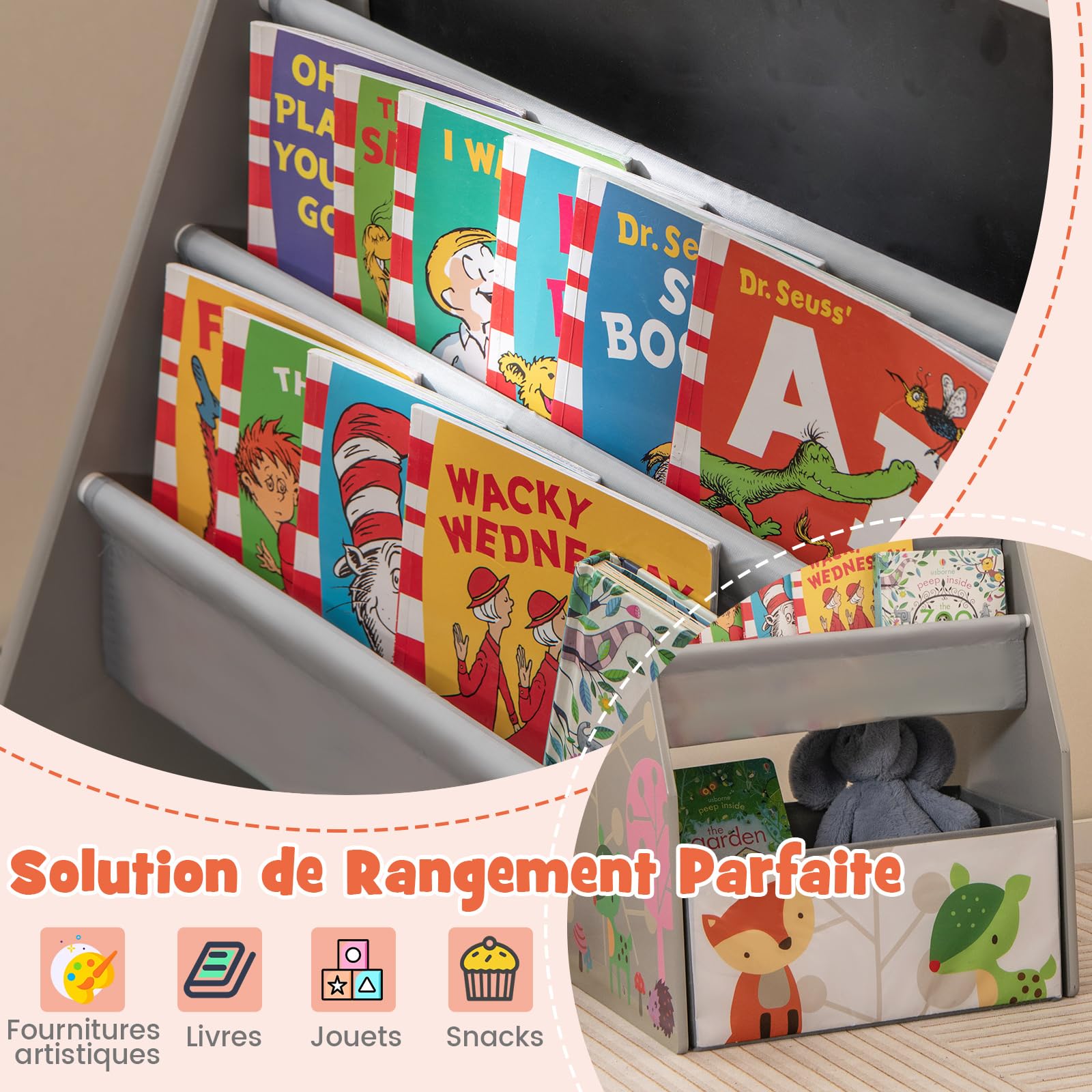 COSTWAY Table Enfants 3 en 1 avec Chaise et Tableau Double Face Réglable, Table à Dessin avec Bac en Tissu, Bibliothèque pour Jouets Livres, Charge 50/10kg Gris