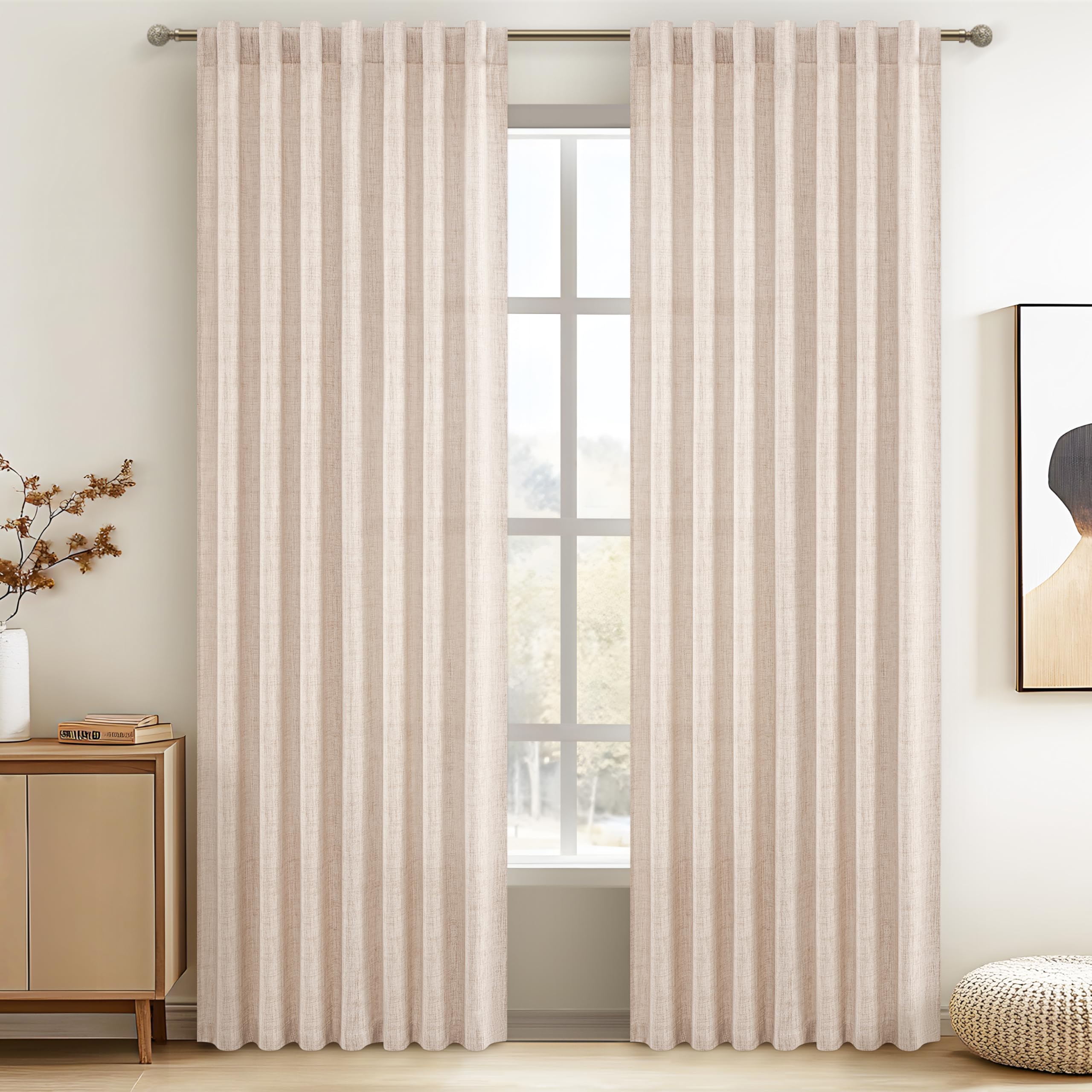Lot de 2 Panneaux de Rideaux en Toile de Jute épaisse de 228,6 cm de Long pour Salon, Voilage plissé en Lin Naturel de Style bohème Rustique et Beige pour Chambre à Coucher, Rideaux de fenêtre