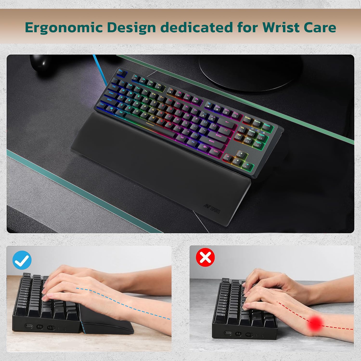 Ant Esports Tenkeyless Keyboard Wrist Rest Pad -14.3"- Memory Foam Palm Rest with Non-Slip Footpad - Ergonomic Design Wrist Support - Desk Keyboard Accessory Gaming Gear- -TKL Size Black — Amazon image 5