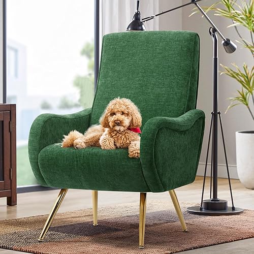 Miniatura 8 de ELUCHANG Silla decorativa tapizada, sillón de felpilla con cojín grueso y patas de metal dorado, cómodas sillas de lectura, silla de ocio, silla de