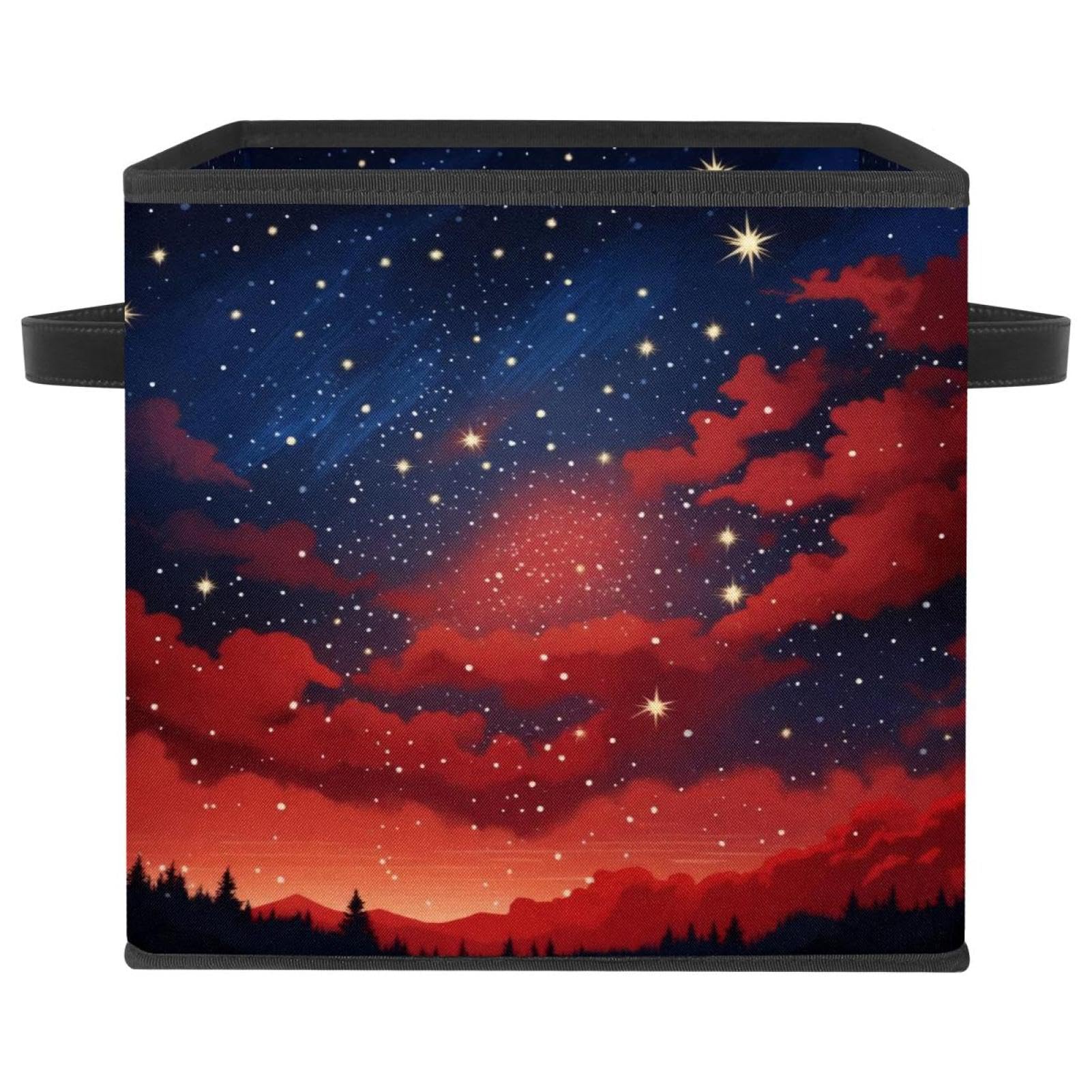 Cube de rangement durable pliable rouge ciel étoilé avec poignées cuir
