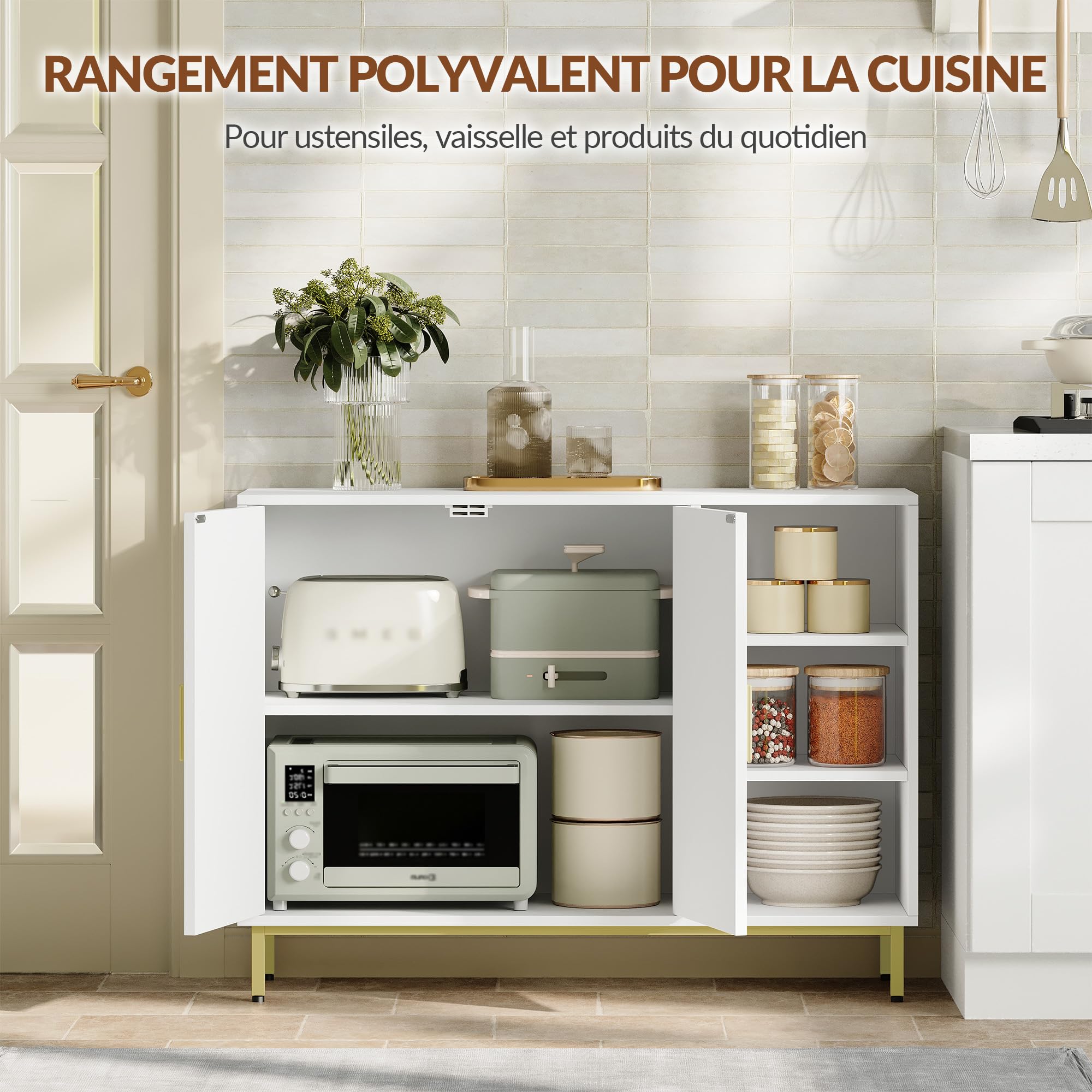 Meuble de Salle de Bain, 100 x 35 x 75 cm, Blanc et Doré | Armoire de Rangement, Buffet Indépendant à Deux Portes, Étagères Réglables, FFBC021PW1