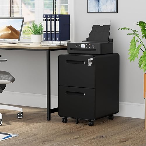 Miniatura 18 de Archivador de 2 cajones con cerradura y 4 llaves, archivador móvil de metal, archivadores para oficina en casa, debajo del escritorio, premontaje