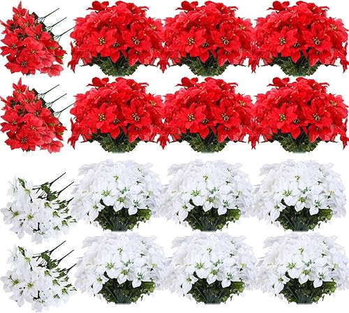 meekoo 48 flores de Pascua artificiales de Navidad, 7 cabezas, flores falsas con tallo de nochebuena, adornos para árbol de Navidad para el hogar,