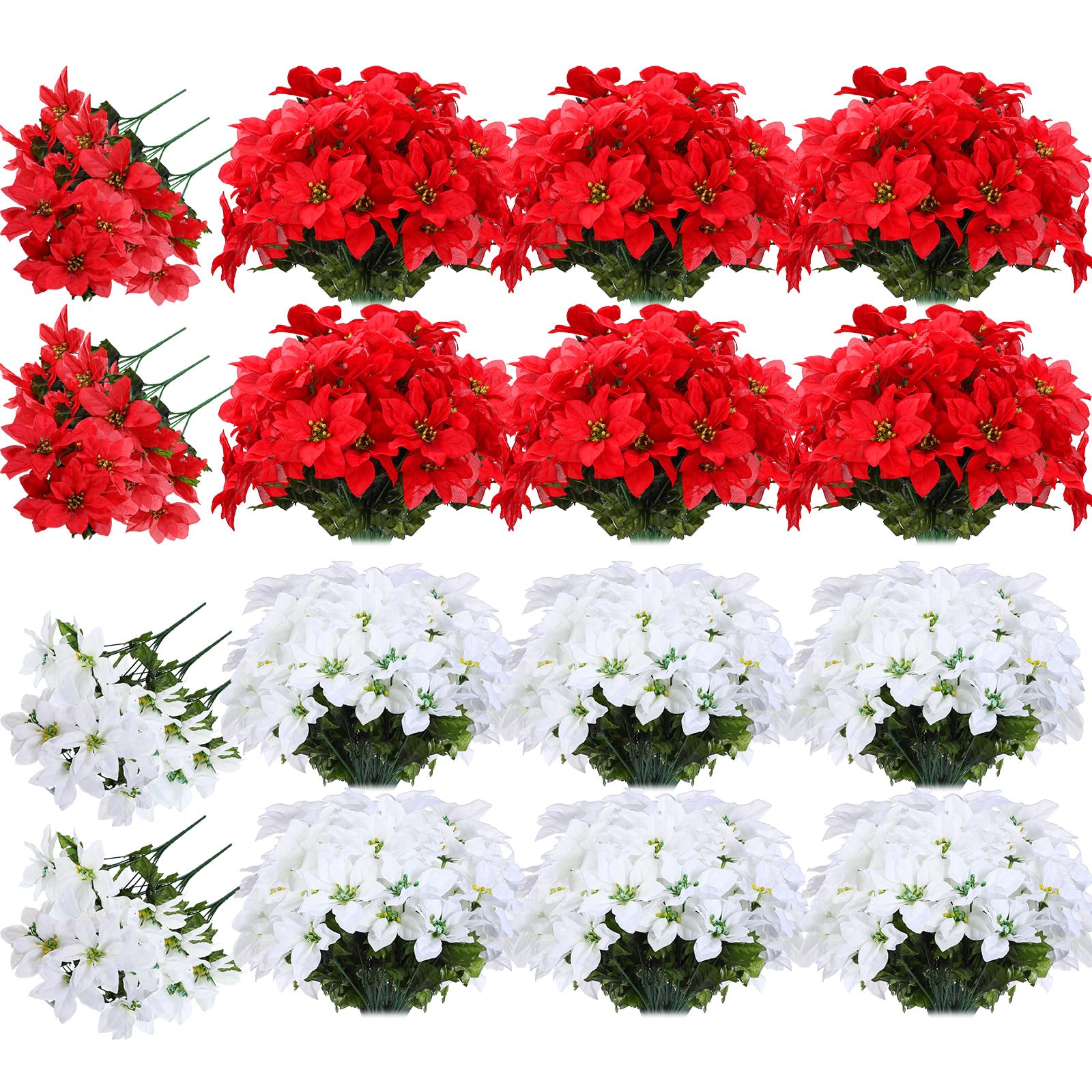 meekoo Lot de 48 poinsettia artificielles à 7 têtes avec tige pour décoration de maison, mariage, table, cour, cimetière (rouge, blanc)