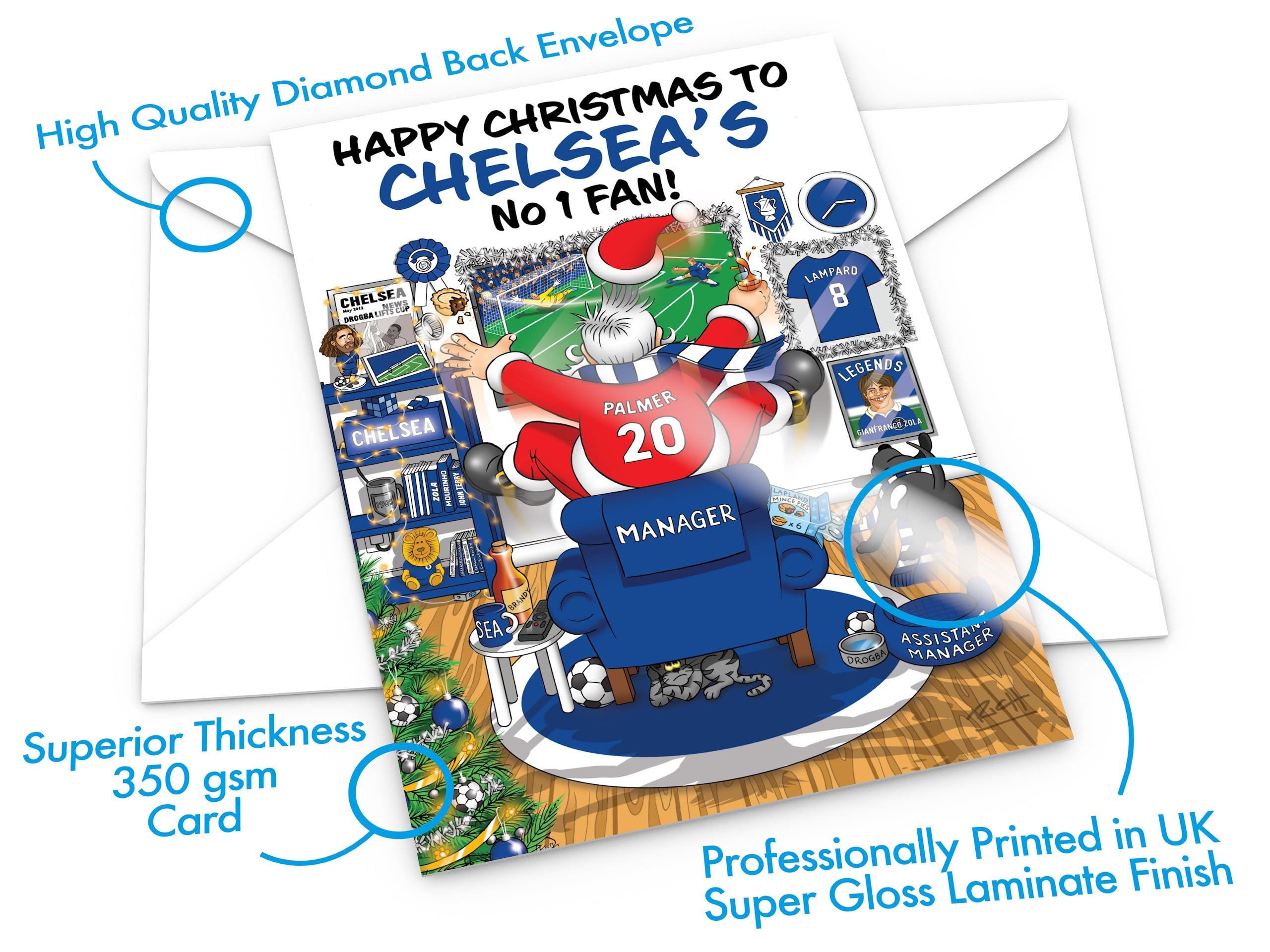 Football Christmas Card for Chelsea Fans Pack of 6 Cards Santa Jumping Out of Chair to Support Team Funny Rear of Card Showing Rudolph Supporting Rival Club Large A5 Made in UK - Image 3