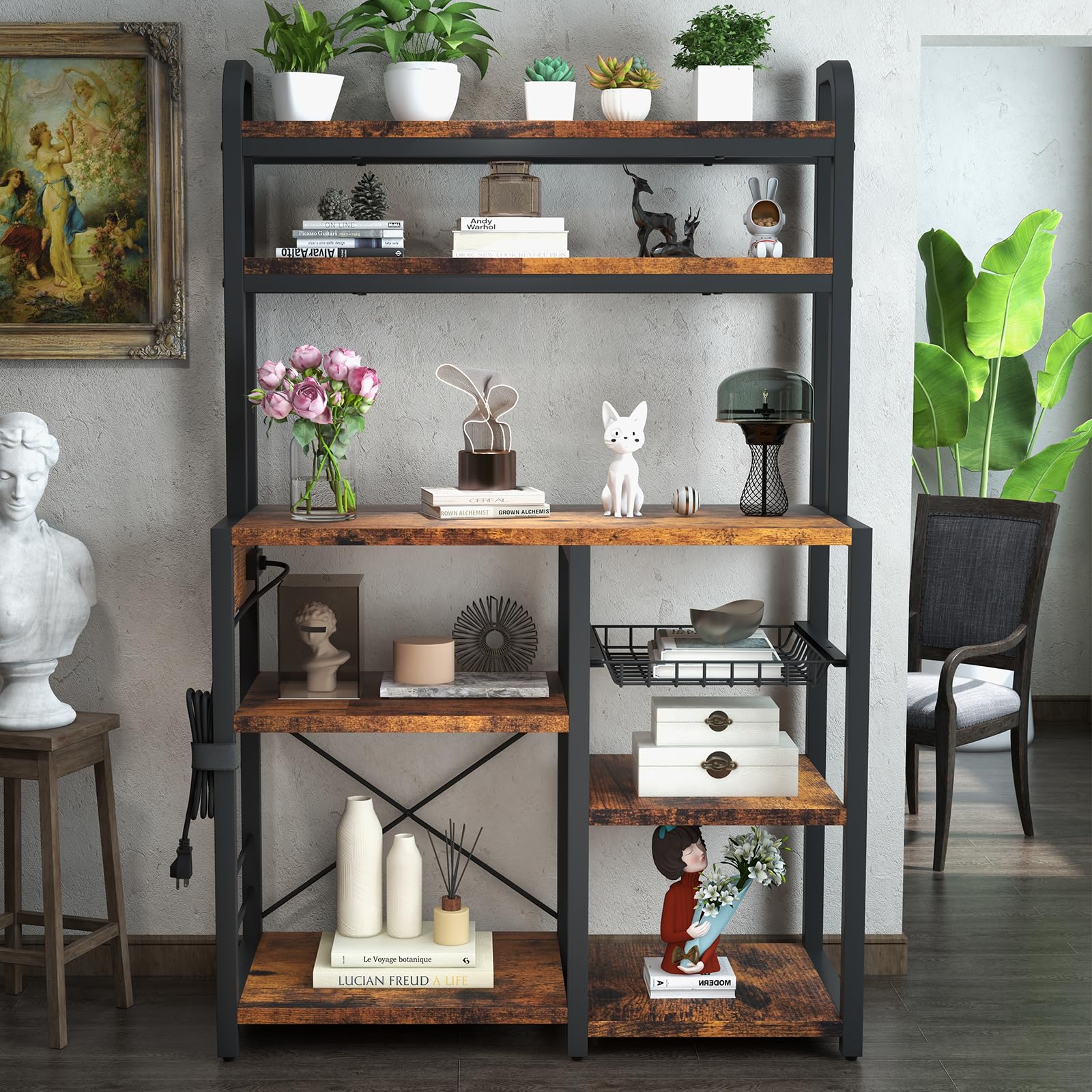 Garvee Estantería de Panadería con Toma Corriente,Muebles de Cocina,Estantes Abiertos y Cesta de Alambre,para Cocina y Comedor, 90 * 40 * 150 cm(Marrón)