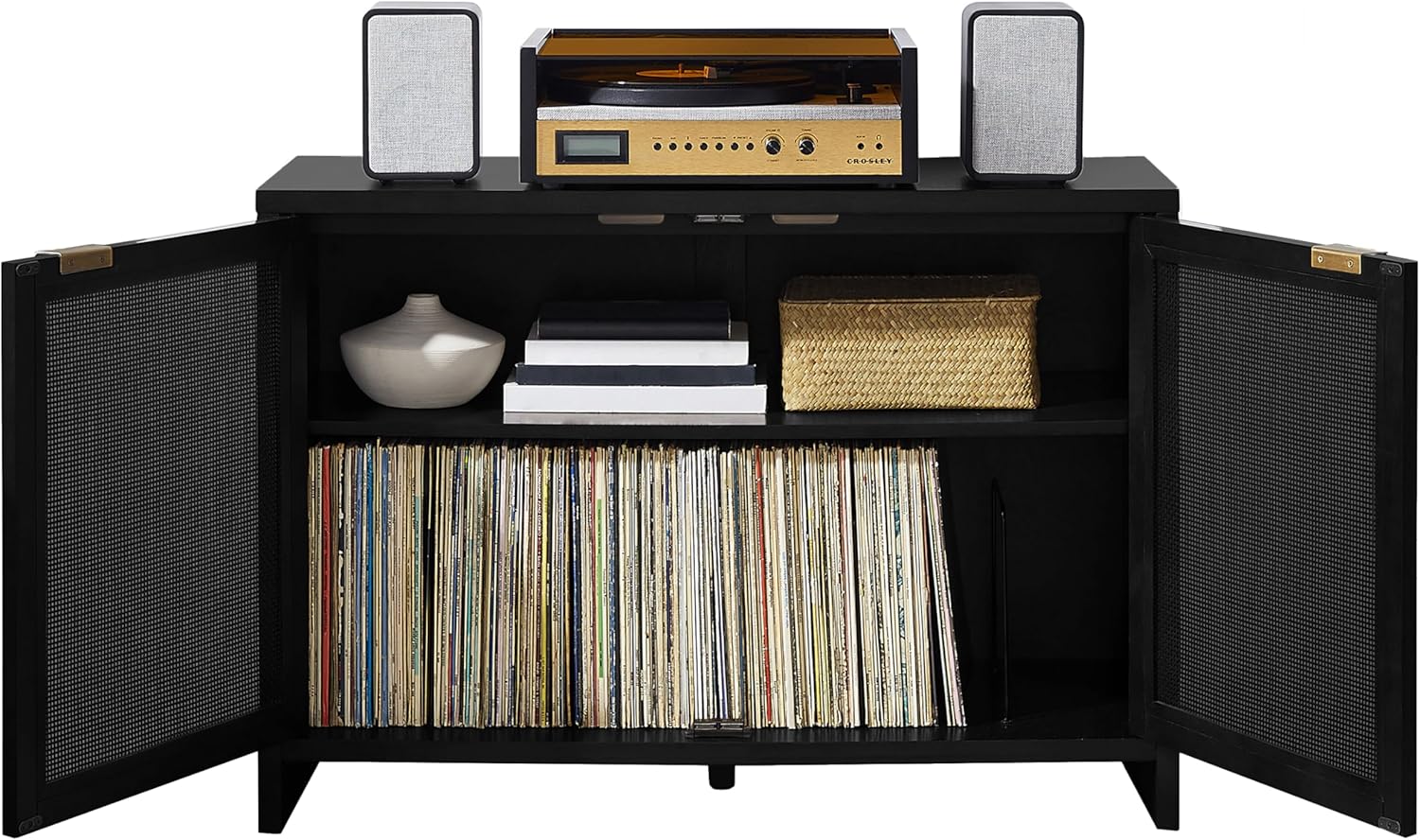 Crosley Furniture Kenji – Consola multimedia, soporte para tocadiscos con almacenamiento de vinilo, organizador moderno para el hogar, color negro