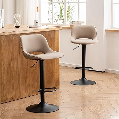 Miniatura 7 de YOUNIKE Juego de 2 taburetes de bar compactos y modernos, taburetes de bar ajustables de altura de mostrador, sillas de bar tapizadas de piel