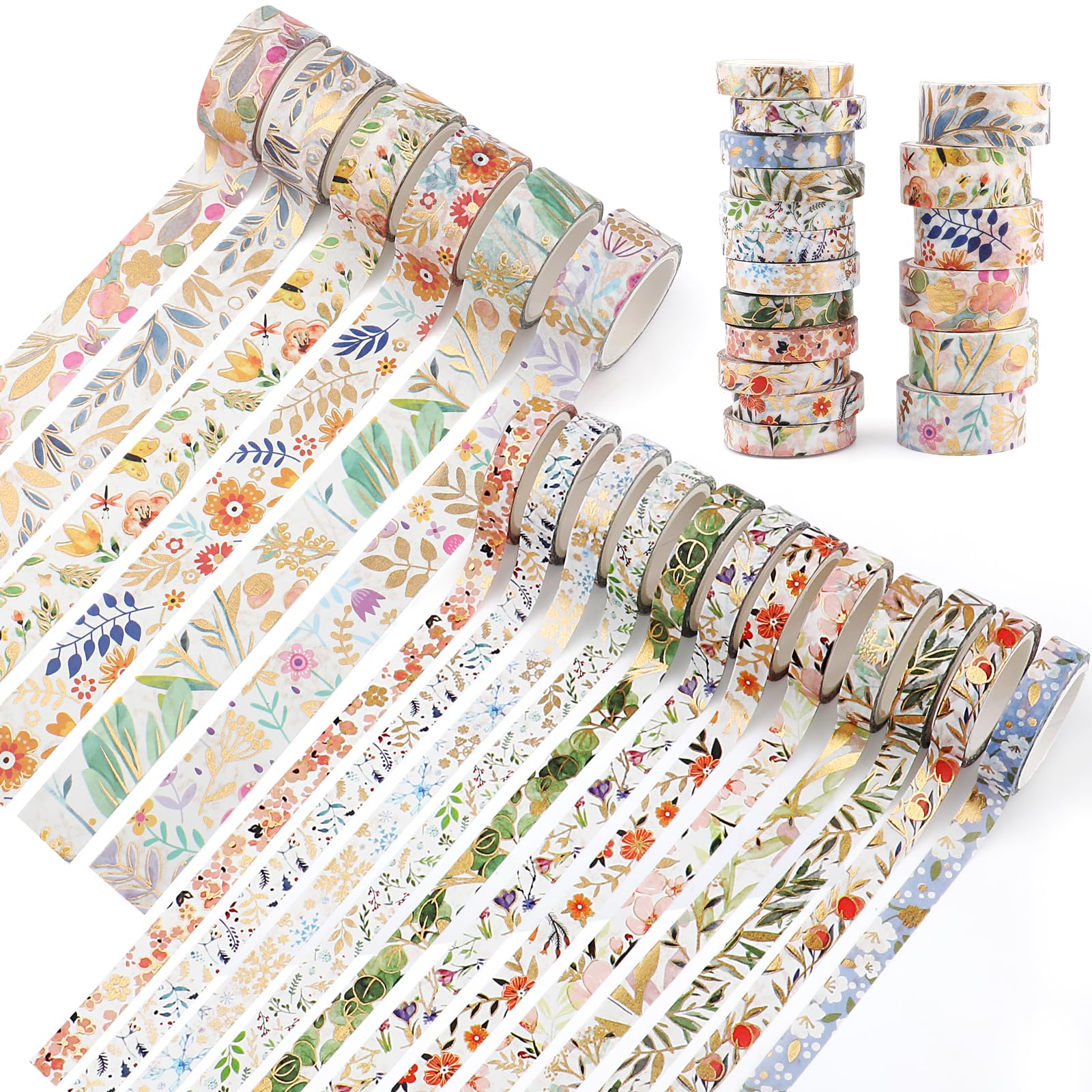 18 Rolls Gold Floral Washi Tape Set,15mm&7.5mmGold Foil Colored Floral Pattern Decorative Tape,Decorative Masking Tapes for DIY Scrapbook Design Journaling Handbook Making Card Wrap Craft Gift 3m/Roll