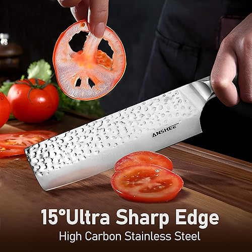 Miniatura 2 de anshee Cuchillo japonés Nakiri de 7 pulgadas y cuchillo de cocina de acero inoxidable de alto carbono con hoja martillada antiadherente, mango