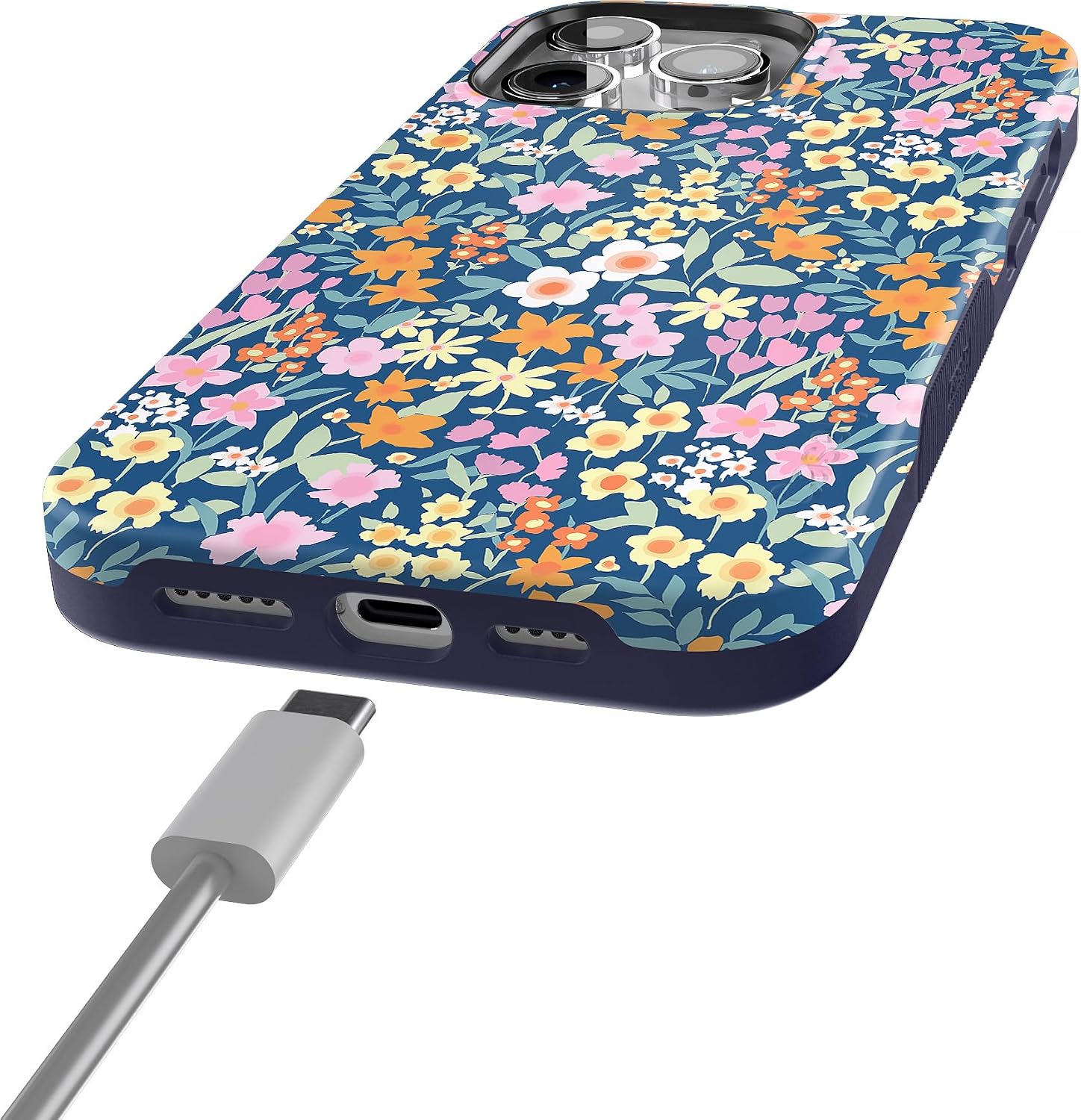 Casely iPhone 15 Pro Case | Full Bloom | Navy Floral | Bold Protective Design | Compatible with MagSafe