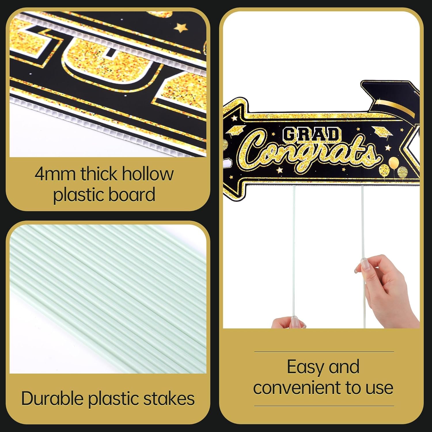 10 Pack 2026 Graduation Party This Way Yard Sign Arrow 16.5 x 8 Inch Black Gold Double Sided Printed Directional Yard Sign with Stakes Graduate Party Sign for Outdoor Graduation Party Supply