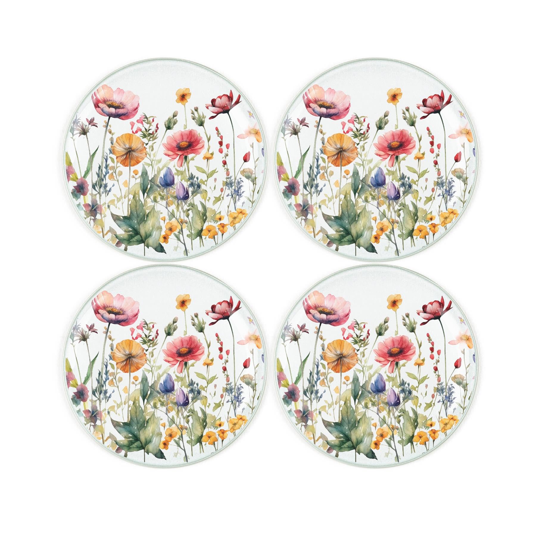Purely Home Multicolored On Clear/Transparent Wildflowers Coaster Set - Round Glass Floral Meadow Gift - Set Of Four (4) Drinks Coasters