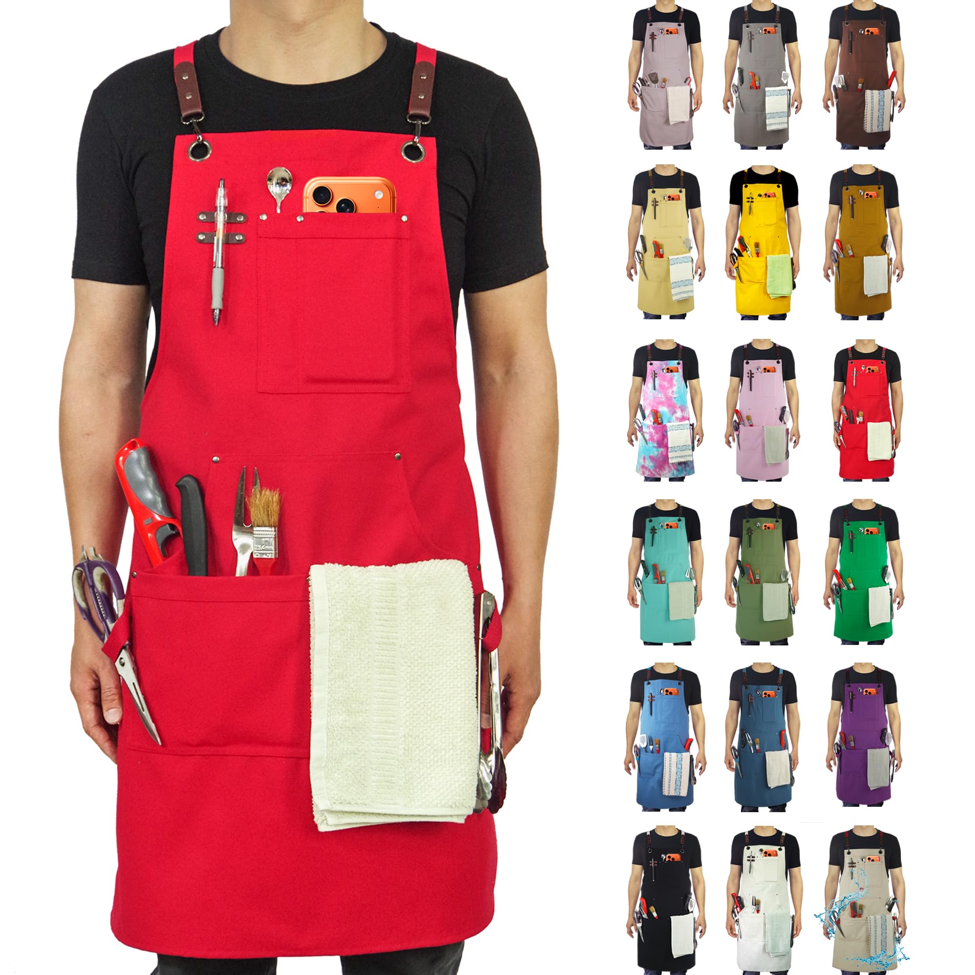 Stenffy Kitchen Apron, Work Apron, Multiple Pockets for Gardening, Artist, Painting, BBQ, Carpenter, Sizes M to XXL, Red
