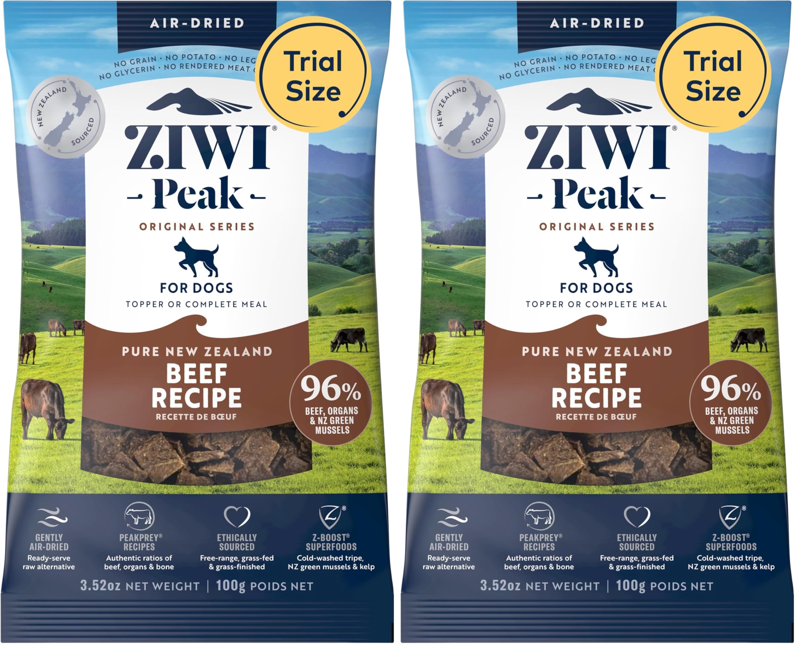 ZIWI Peak Air-Dried Dog Food – Beef - All Natural, High Protein, Grain Free, Limited Ingredient w/Superfoods (3.5oz) (Pack of 2)