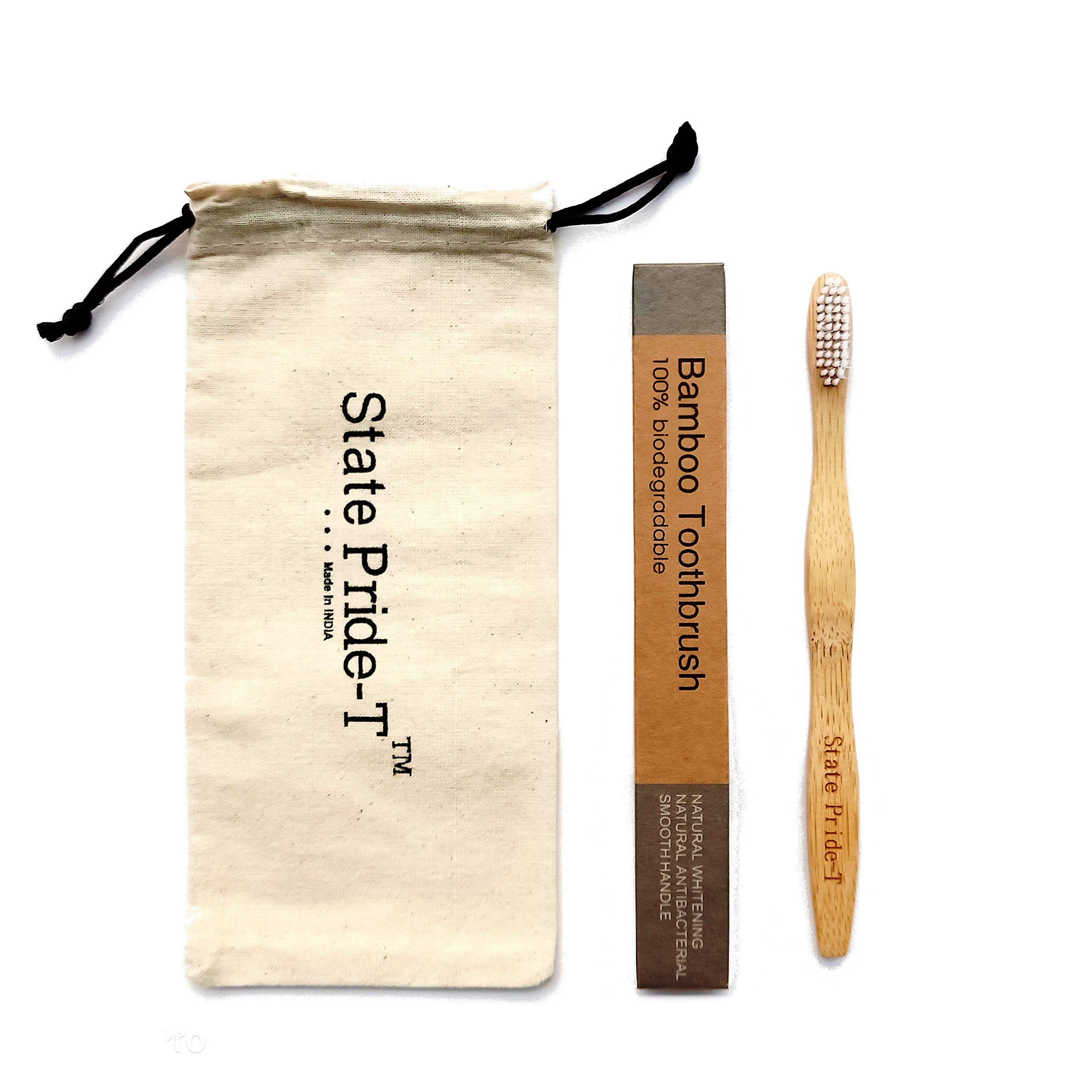 State Pride-TState Pride -T Biodegradable Eco-Friendly Natural White Bristles Bamboo Bristles Toothbrush for Adult - Pack Of 1 with Free Cotton Pouch