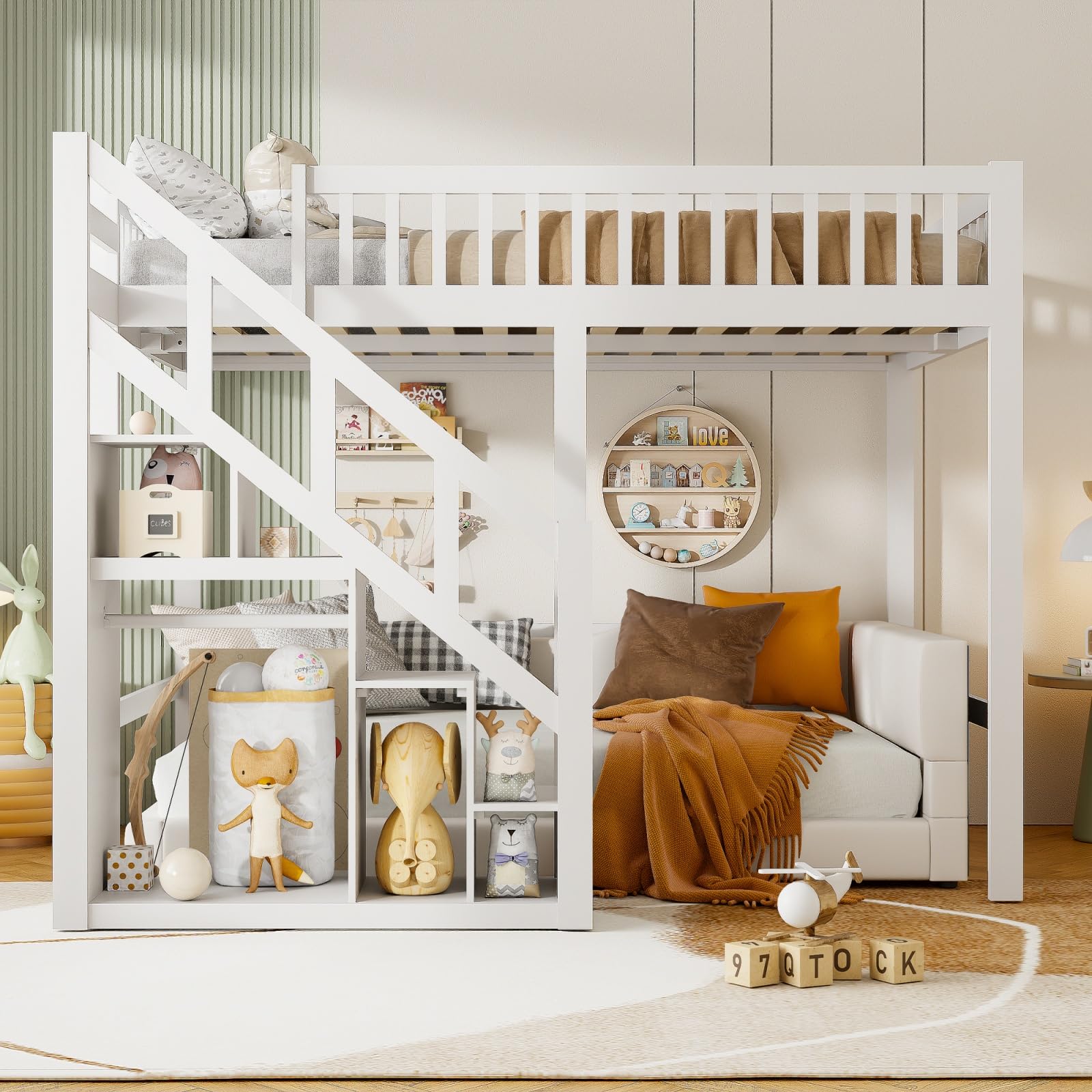 Kinderbett Etagenbett 90x200, Hochbett Hausbett mit Treppe, Staurau, Gitter und Rausfallschutz, Doppelbett Stockbett Spielbett Kinderhochbett mit Lattenrost für Mädchen Junge (Weiß, 90x200 cm)
