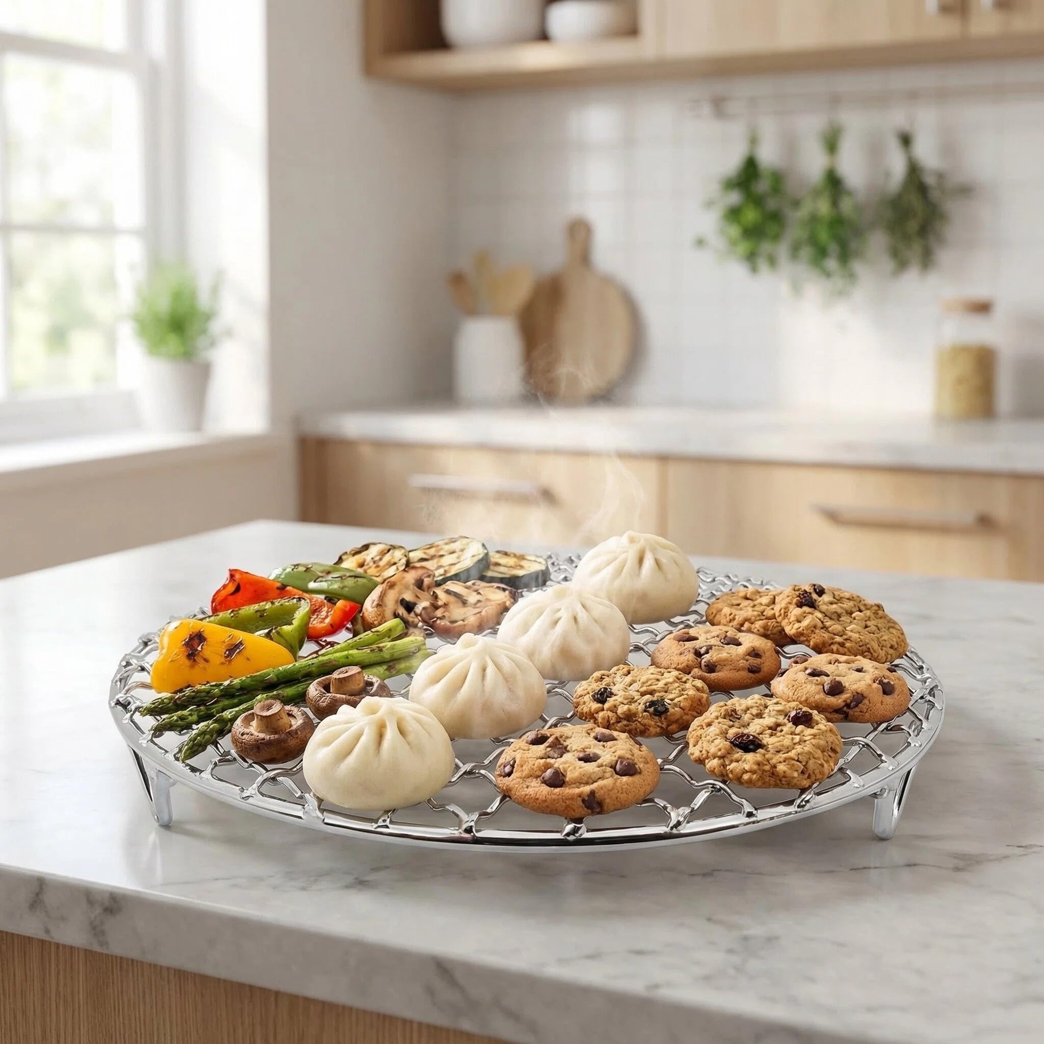 2 estantes redondos de acero inoxidable de 24 cm, para horno, freidora de aire, parrilla, parrilla, parrilla, secado y vapor, versátiles accesorios de refrigeración para pasteles y pastelería