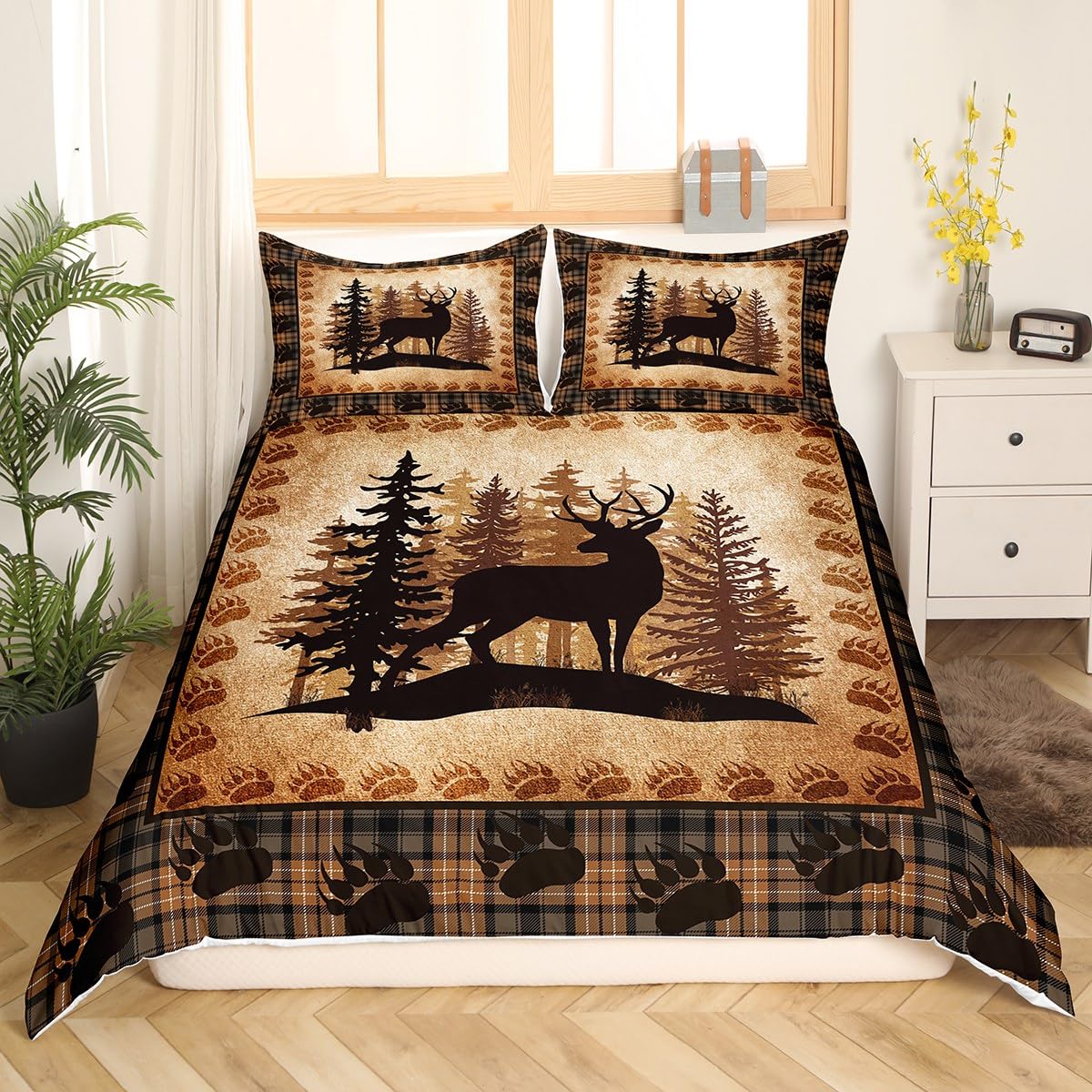 Manfei Reindeer Outline Duvet Cover Set King Size,Wildlife Theme Bedding Sets 3Pcs for Kids Girls Boys Adult Room Decor,Brown Patchwork Comforter Cover Rustic Bear Paw Print Quilt Cover,2 Pillowcases โ image 1