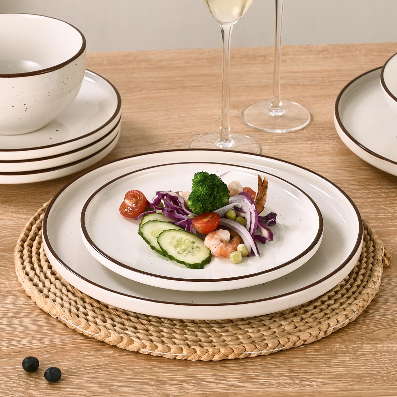 Platos Ceramica y Porcelana - Juego de 6 Platos Planos de Cocina - Set para Ensalada Vintage Diseño - Plato Llano Pequeño para Servir Pan | Desayuno | Aperitivo, Postre | Risotto - 20 cm
