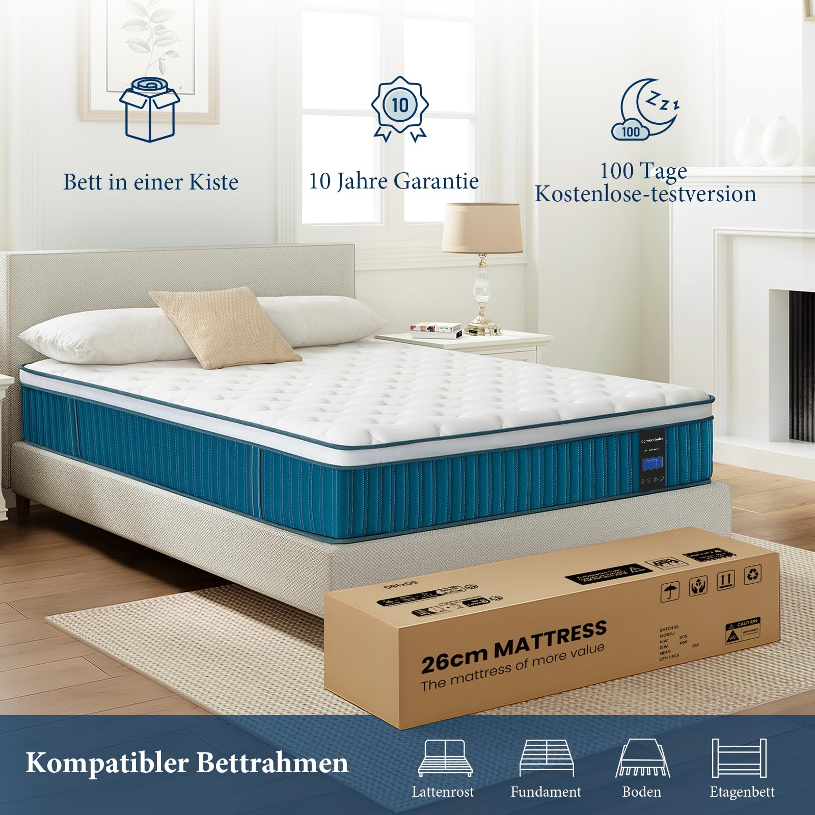 Coolvie Matratze 120 x 200 cm in der Box, 7-Zonen Härtegrad H2 & H3, 26cm orthopädische Taschenfederkernmatratze mit rückenentlastendem Memory-Schaum, Oeko-TEX Zertifiziert für Kinder und Erwachsene