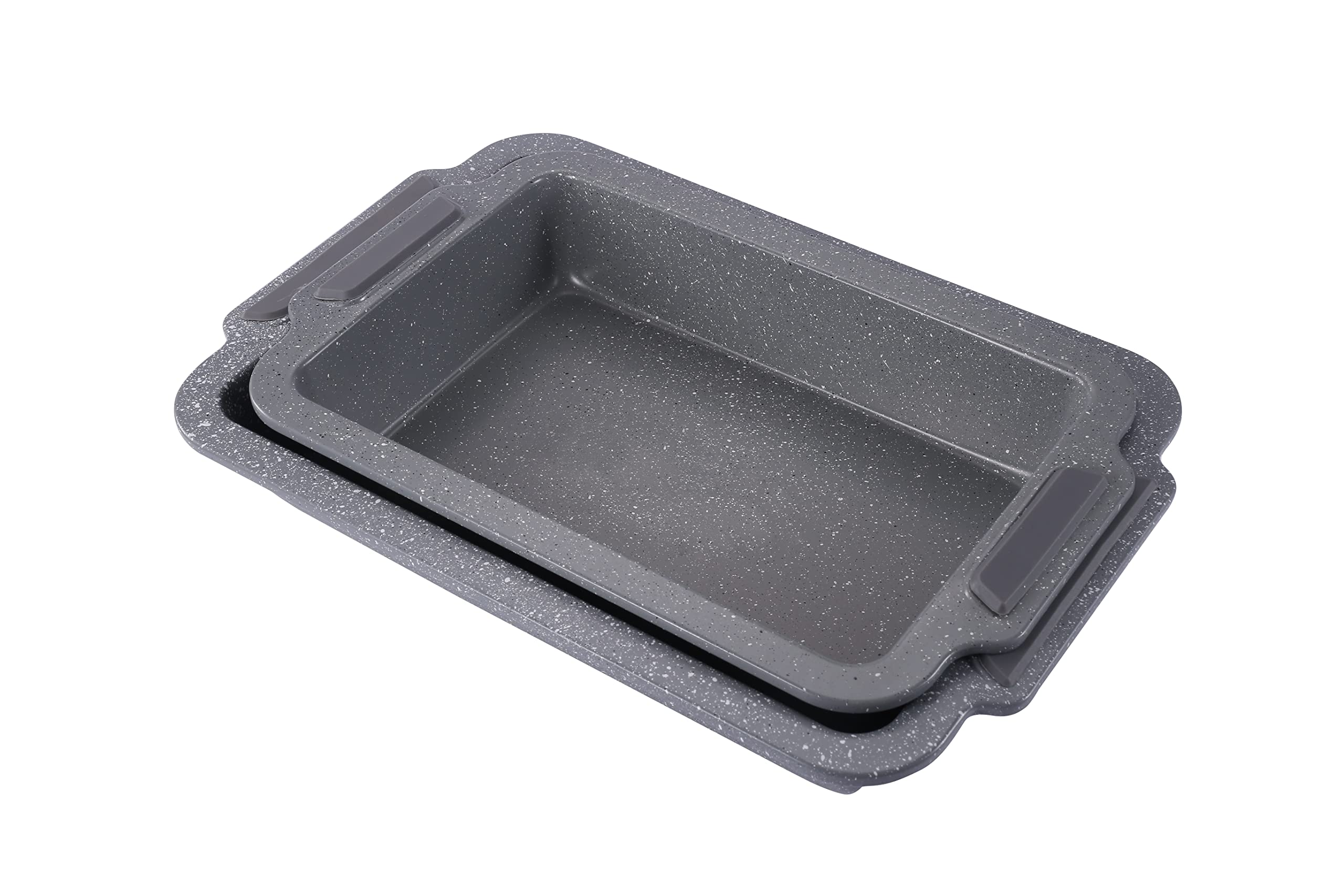 KasaBonaSet of 2 Carbon Steel Roasting Tins Non-Stick Marble Coated Oven Trays with Silicone Handles, Heavy Duty, Easy Clean, Long Lasting, Kitchen Baking and Cooking Essentials