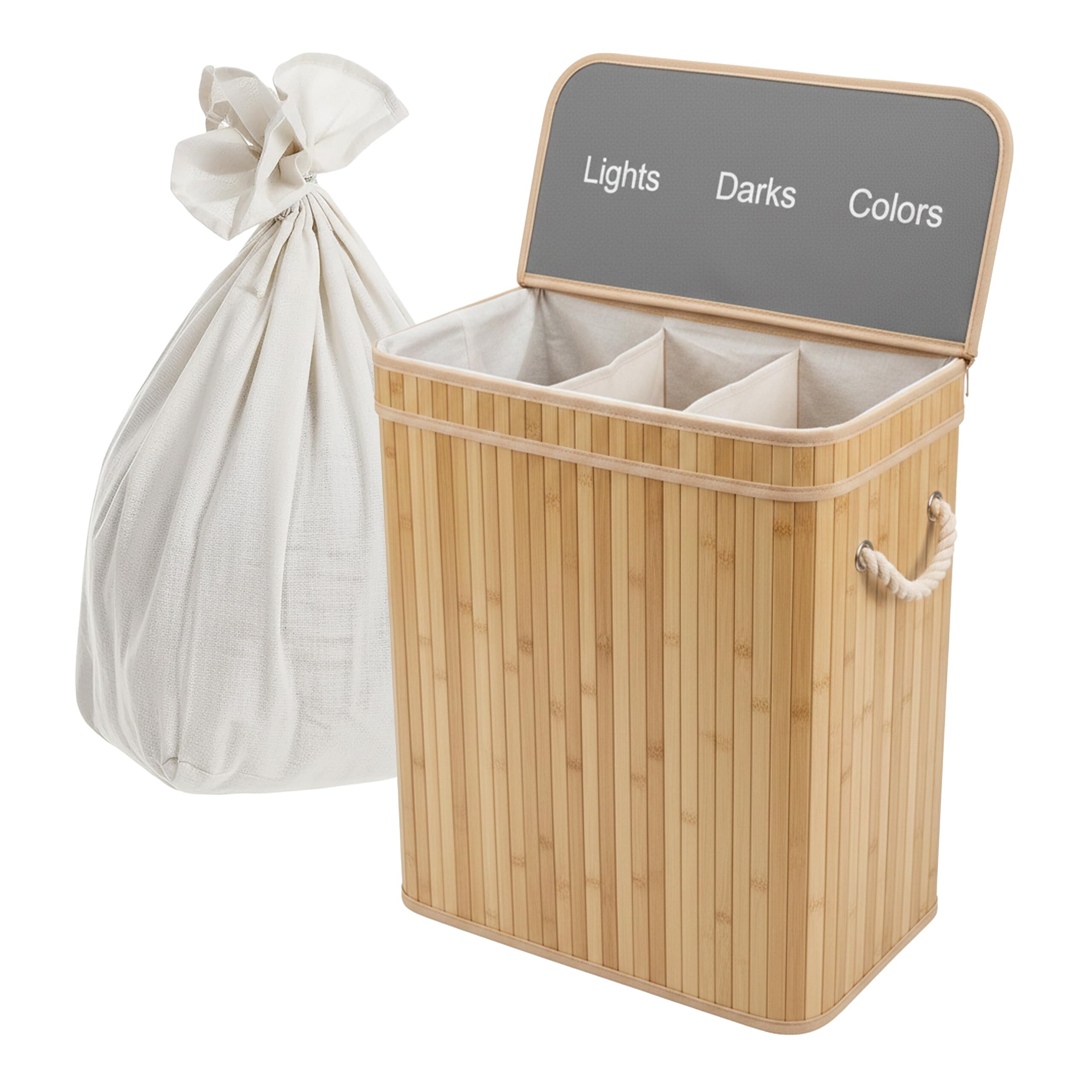 Relaxdays Laundry Basket with Lid, 3 Compartments, Bamboo, Foldable, 105L, 63x52x32 cm, Natural Finish