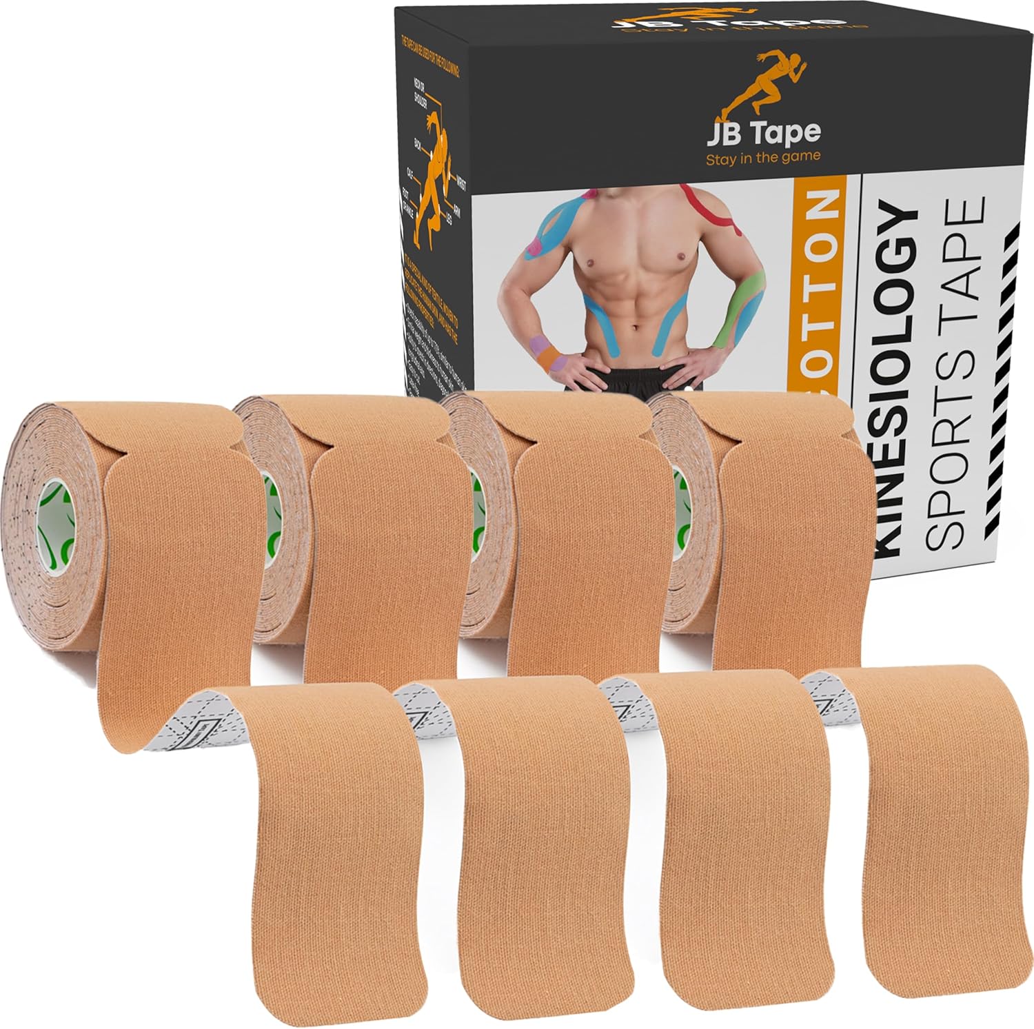 JB Tape Kinesiology Tape – 80 Precut 10-Inch Strips – Beige – Elastic, Latex-Free, Water Resistant – Athletic Muscle & Joint Support – 4 Rolls