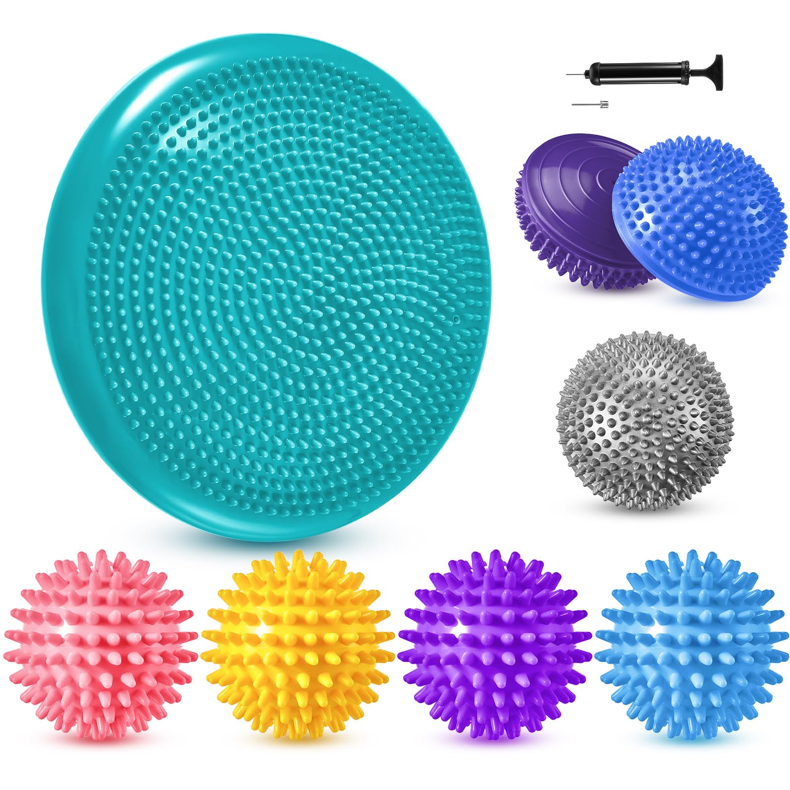 Meooeck Hedgehog Balance Pods with Hand Pump Including 1 Balance Pad 3 Balance Pods and 4 Spiky Massage Balls, Wiggle Seat for Adults, Kids, Dogs Exercise Stability