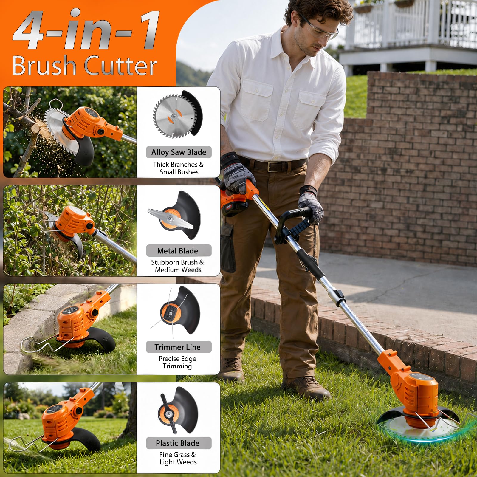 Desbrozadora a Batería 21V, Desbrozadora Eléctrica Sin Cable 4 en 1 con 2 Baterías 2000mAh, Cortabordes Eléctrico Potente 850W 9500RPM para Jardín, Césped y Maleza