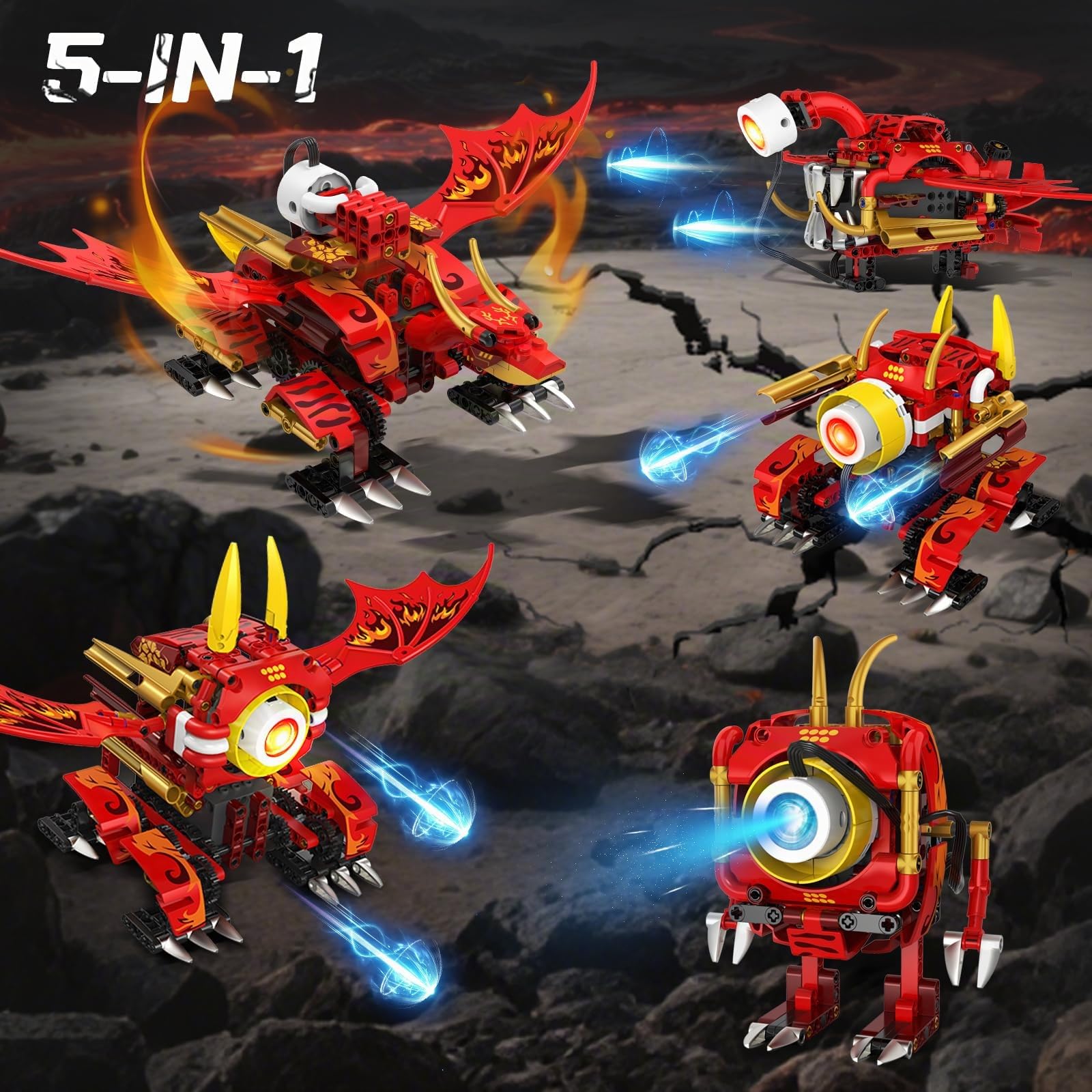 HOGOKIDS - 5 en 1 Juego de Bloques de construcción de Robot dragón con 6 Colores de iluminación y 5 Efectos de luz - 354 Piezas de Juguete Robot controlado por Control Remoto y App, Regalo para niños